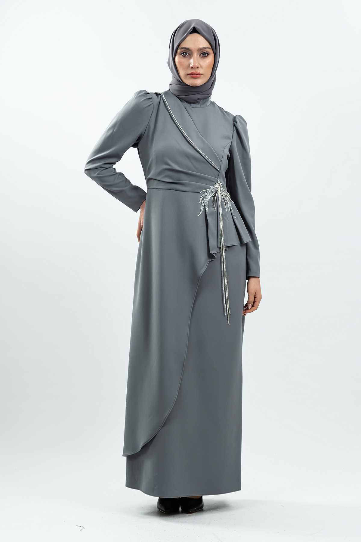 Grey Stone Detailed Evening Dress