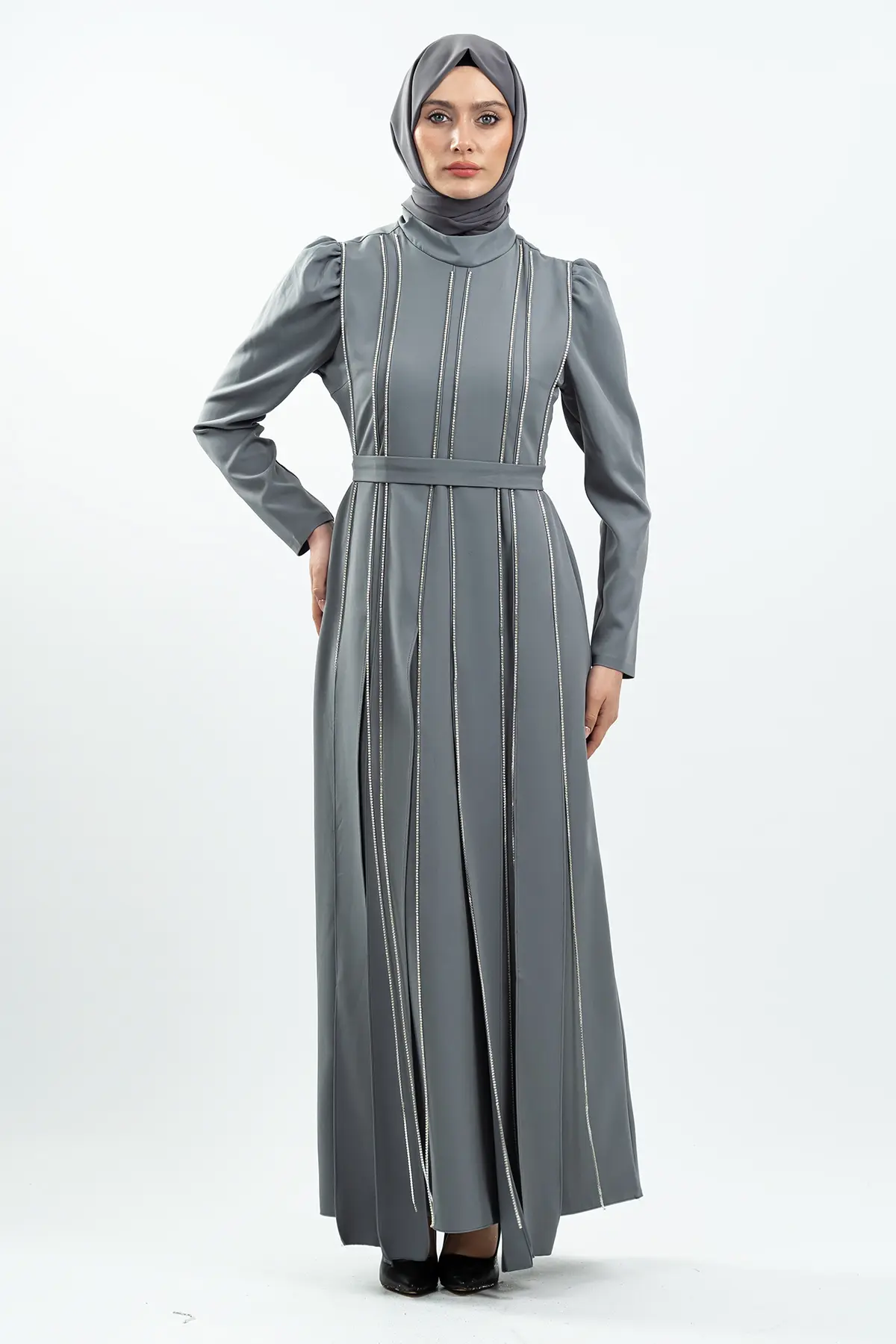 Grey Stone Detailed Evening Dress-detail