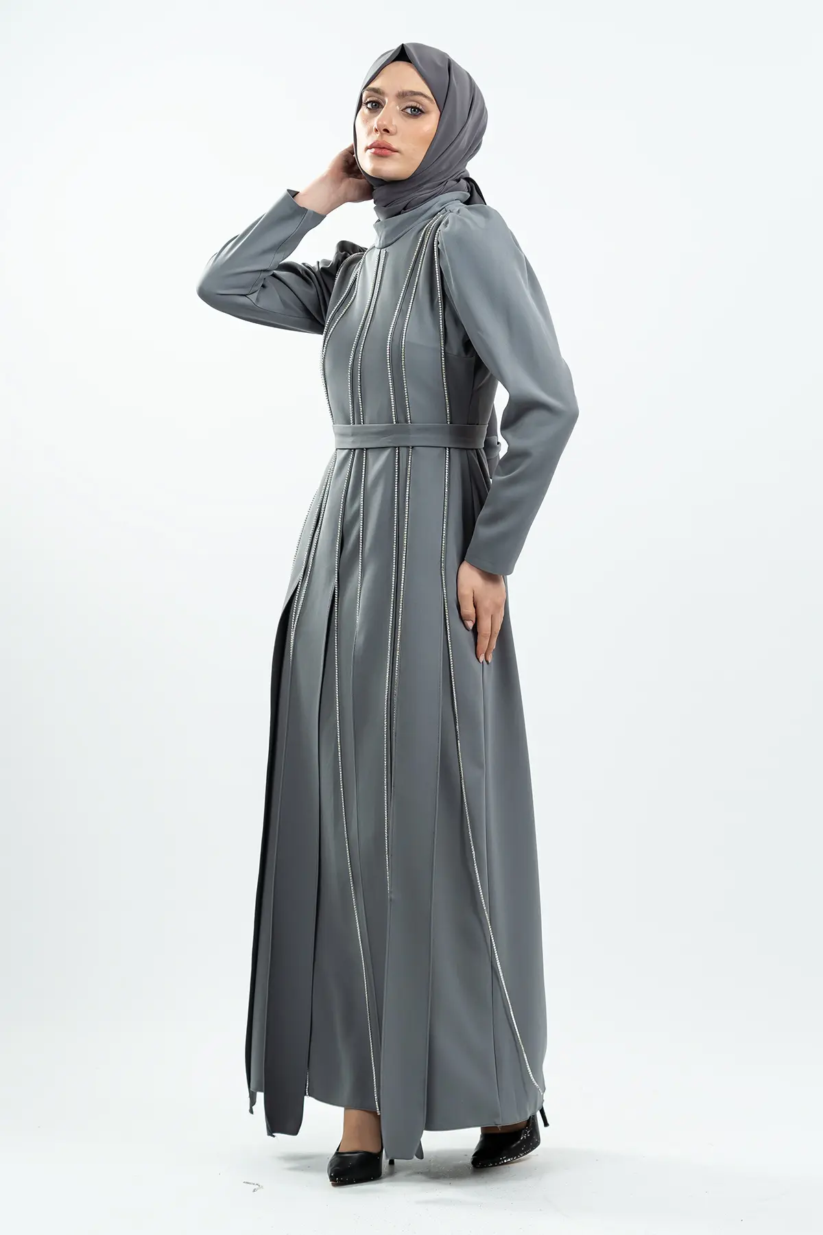 Grey Stone Detailed Evening Dress-detail