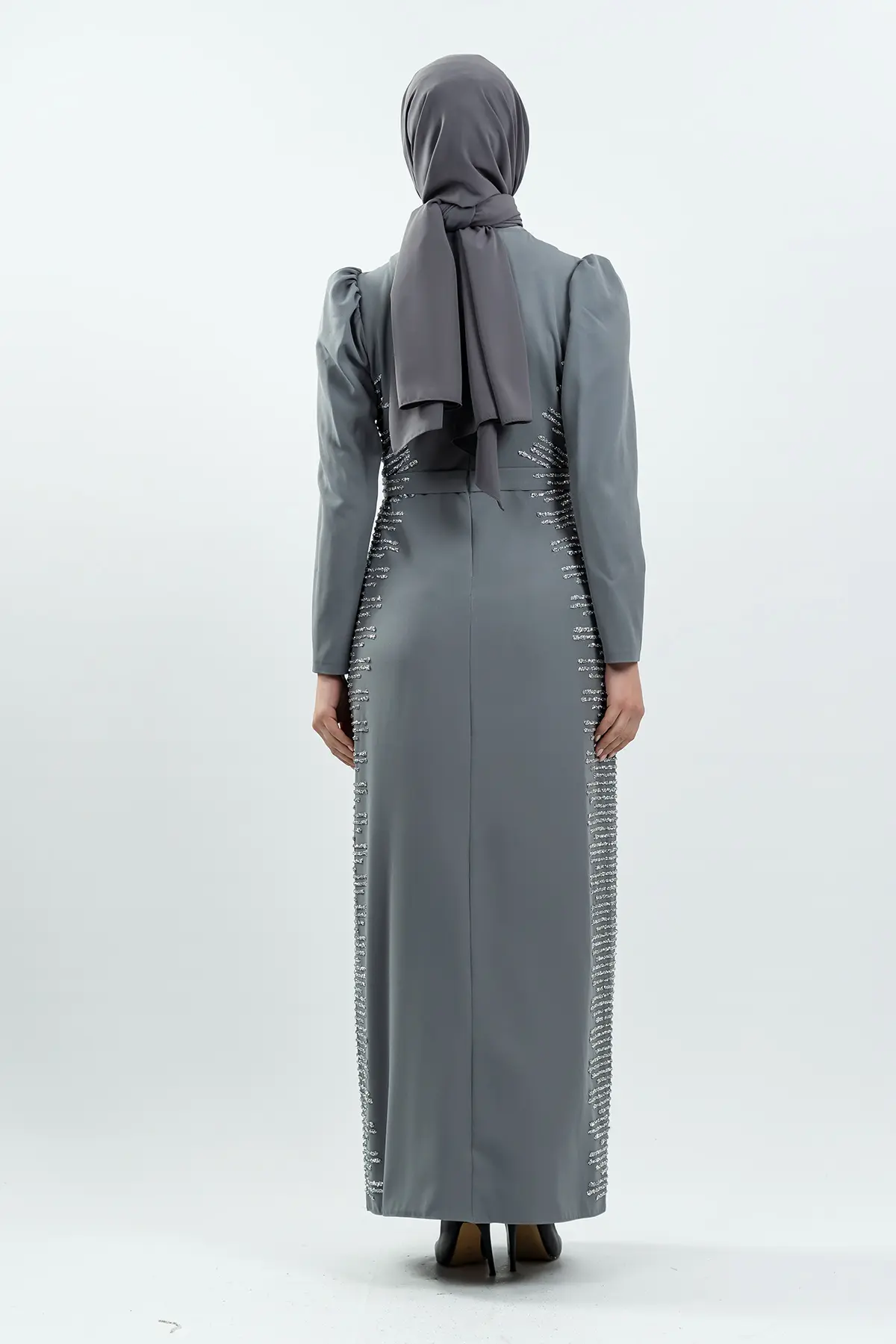 Grey Stone Detailed Evening Dress-detail