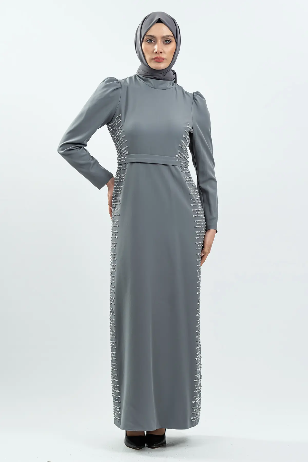 Grey Stone Detailed Evening Dress-detail