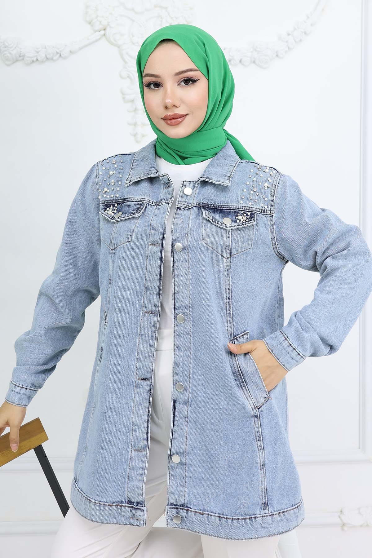 İnci Detaylı Kot Ceket Mavi 7807