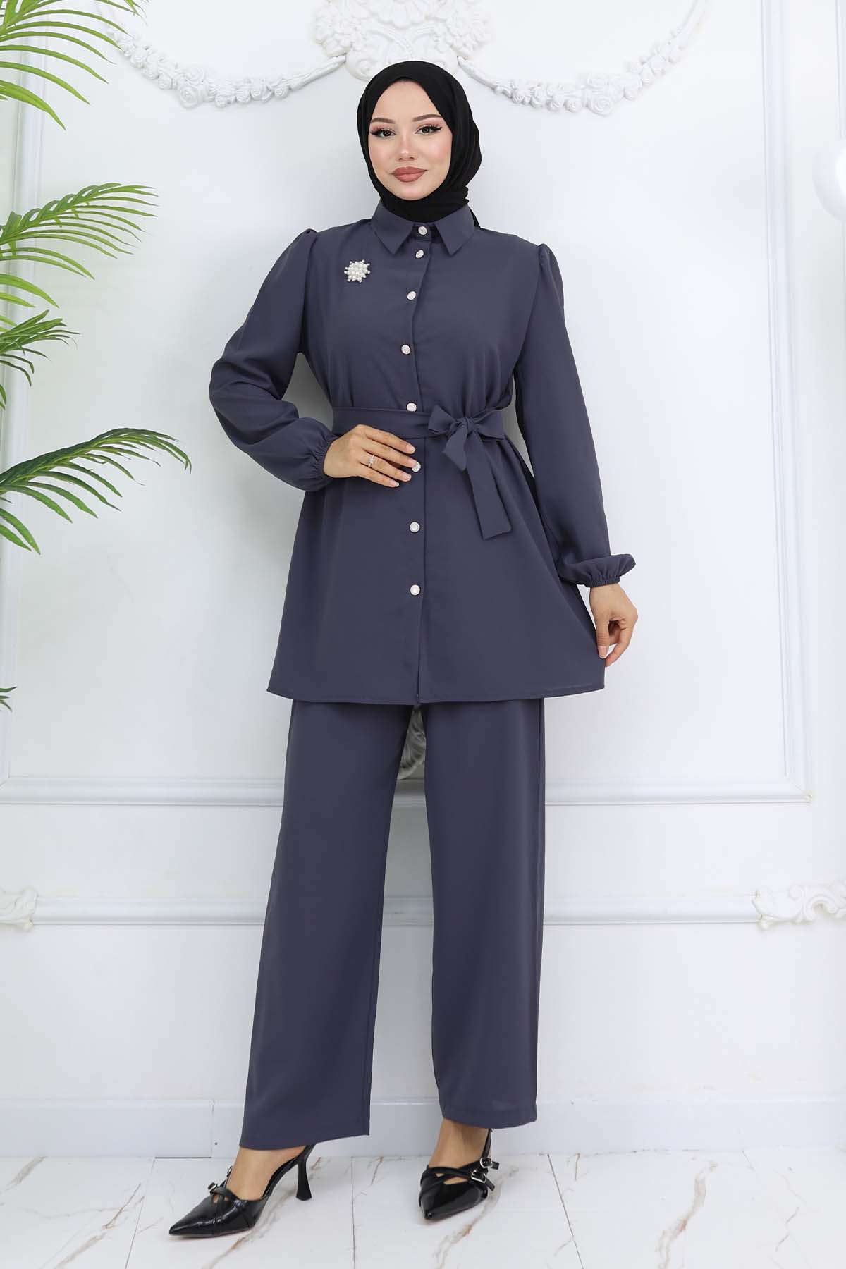 Pearl Brooch Belted Two Piece Suit