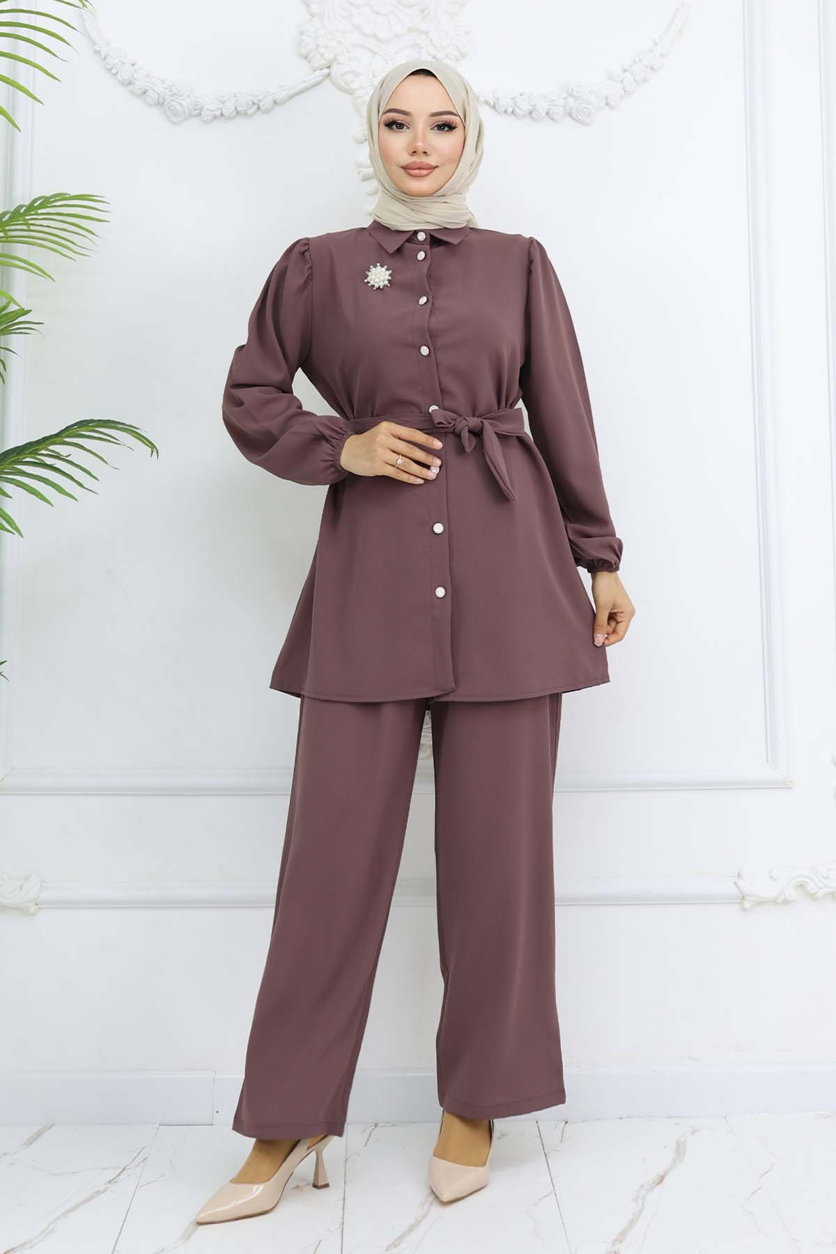 Pearl Brooch Belted Two Piece Suit
