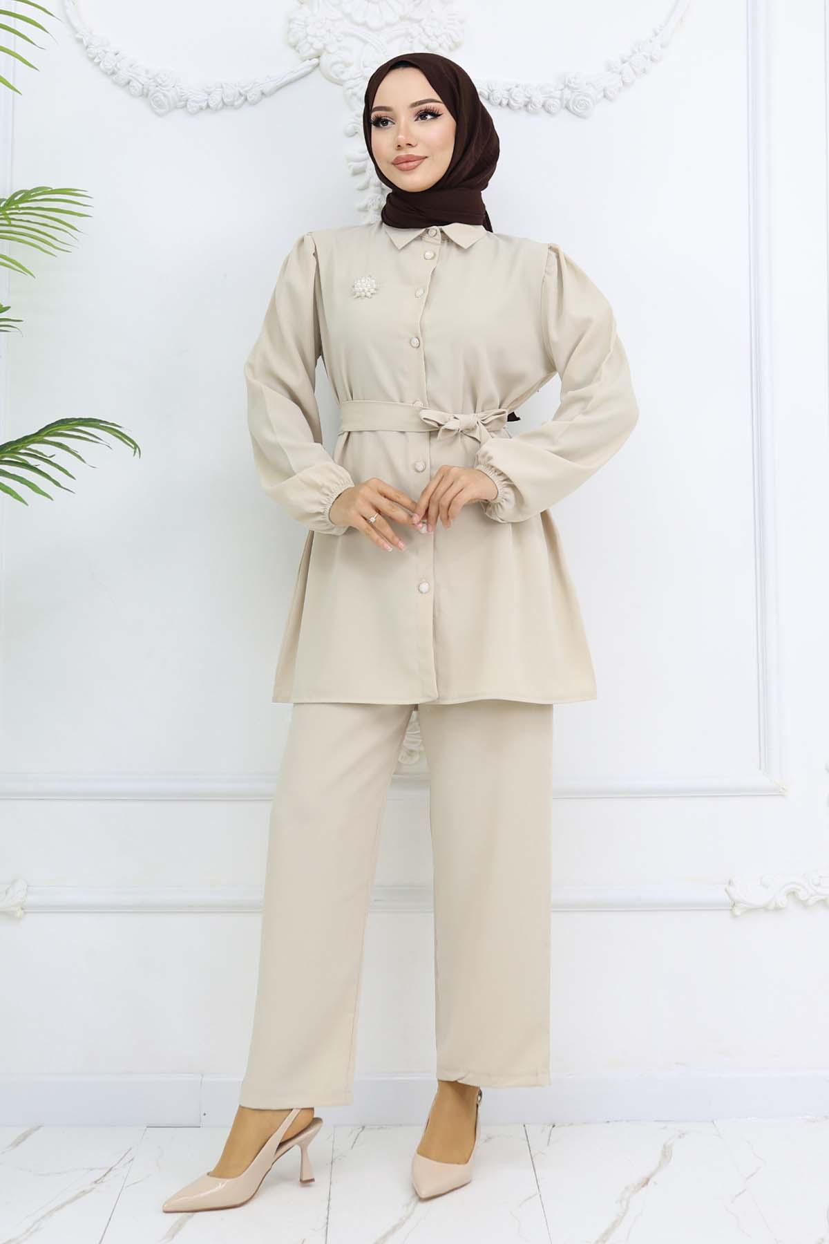 Pearl Brooch Belted Two Piece Suit