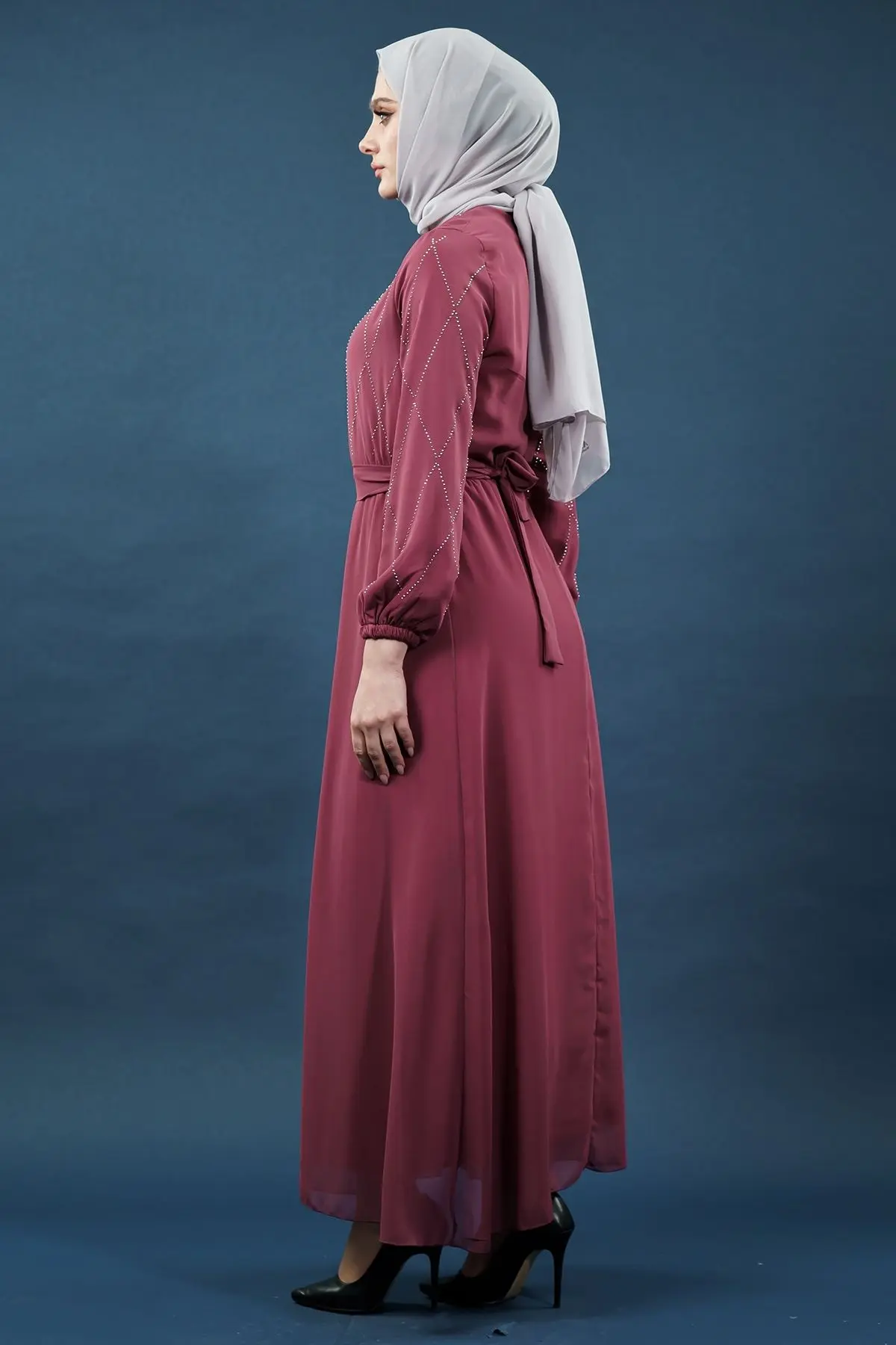 Inci Detaylı Gül Kurusu Tesettür Elbise-detail