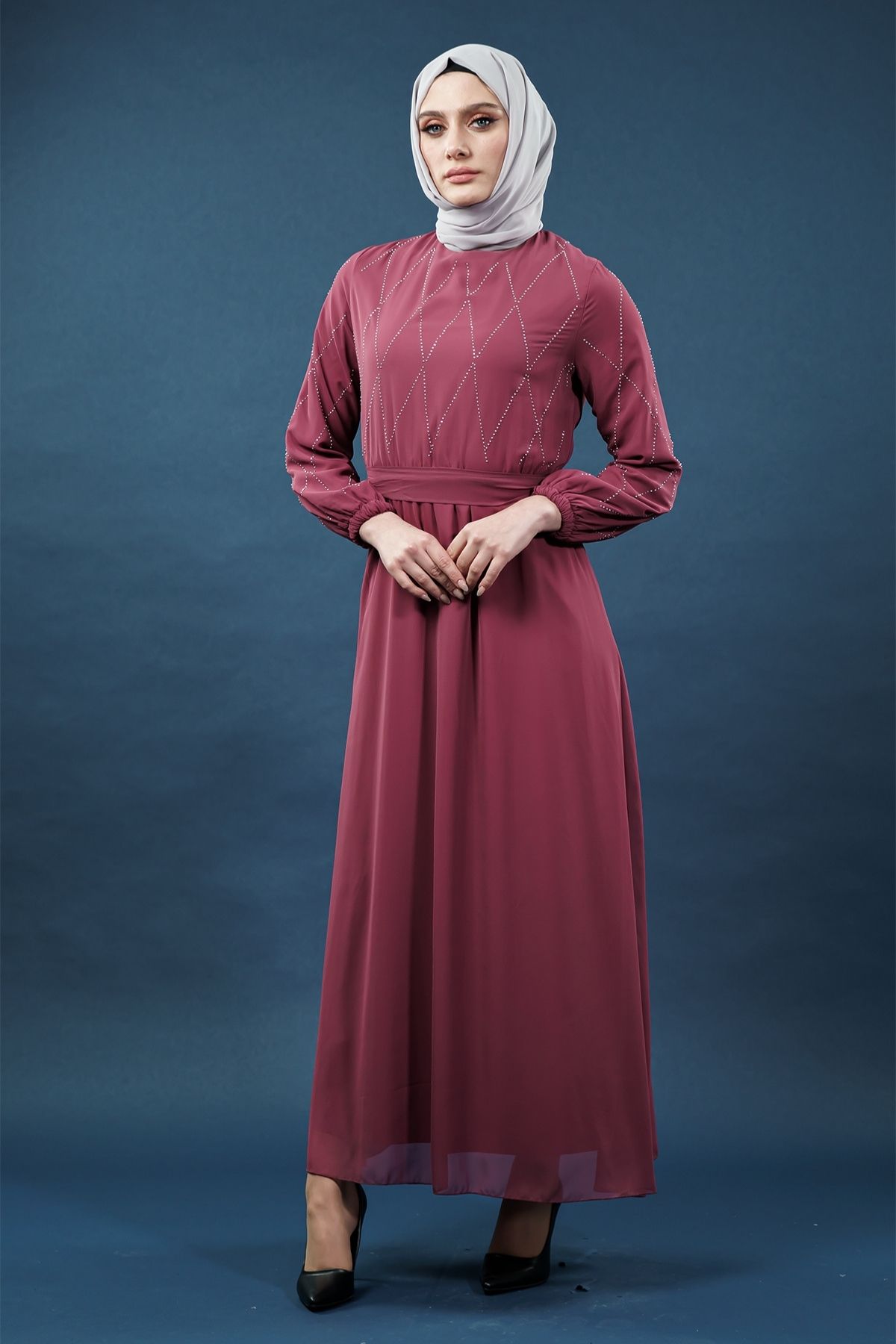 Inci Detaylı Gül Kurusu Tesettür Elbise