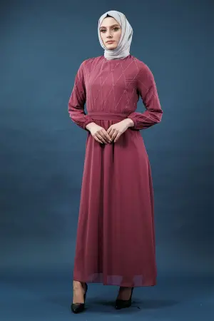 Inci Detaylı Gül Kurusu Tesettür Elbise