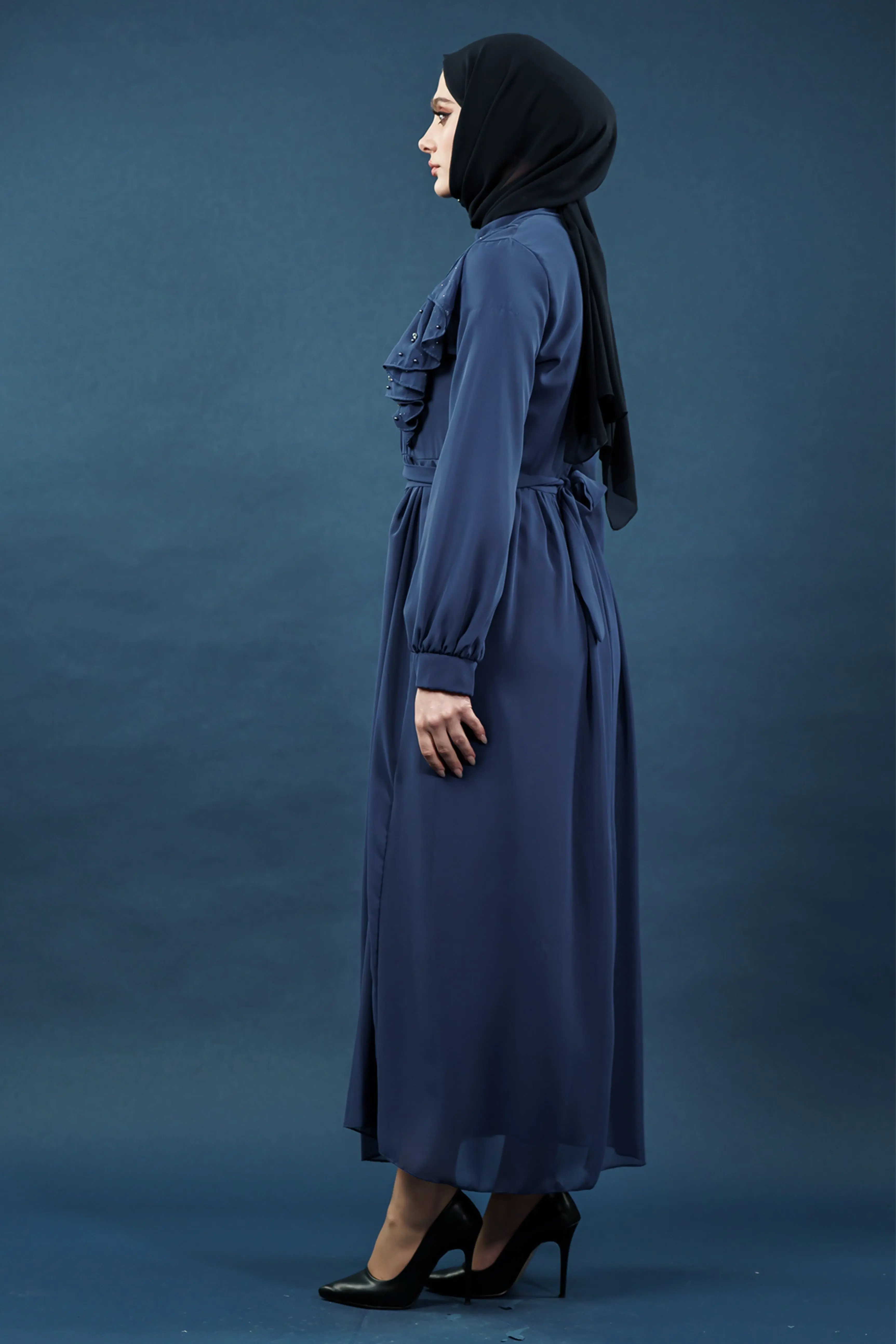Inci Detaylı Indigo Tesettür Elbise-detail