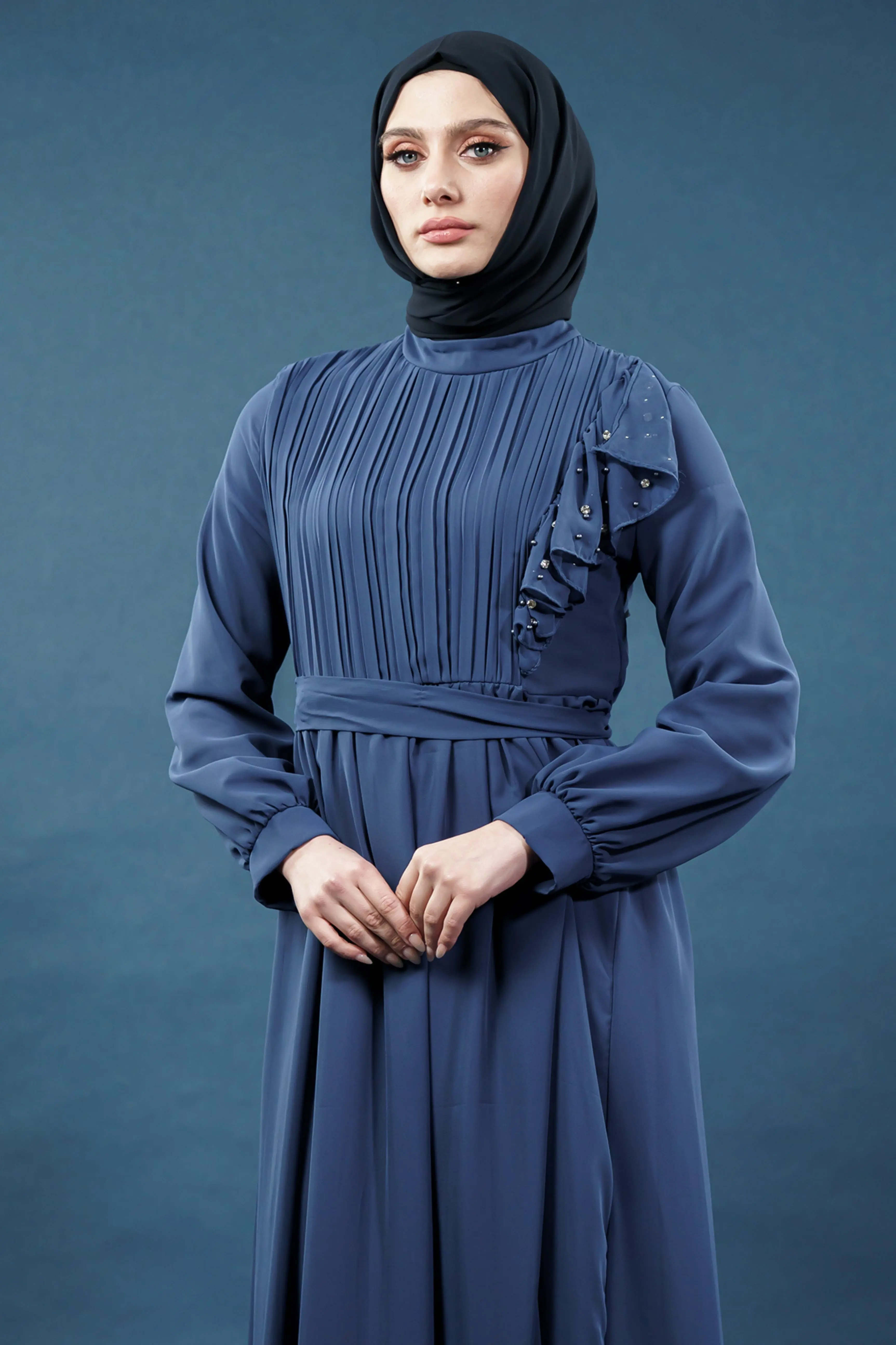 Inci Detaylı Indigo Tesettür Elbise-detail