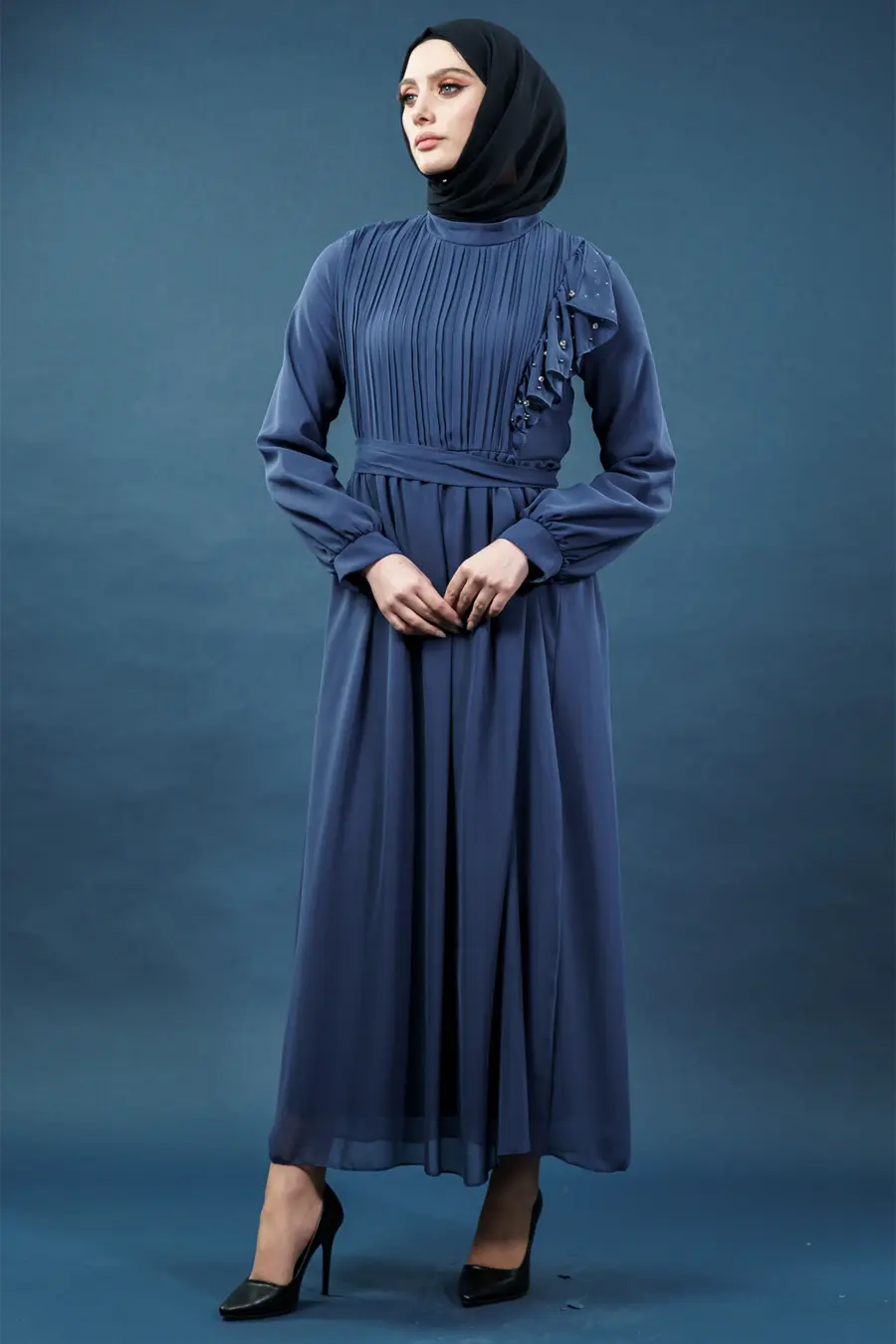 Inci Detaylı Indigo Tesettür Elbise