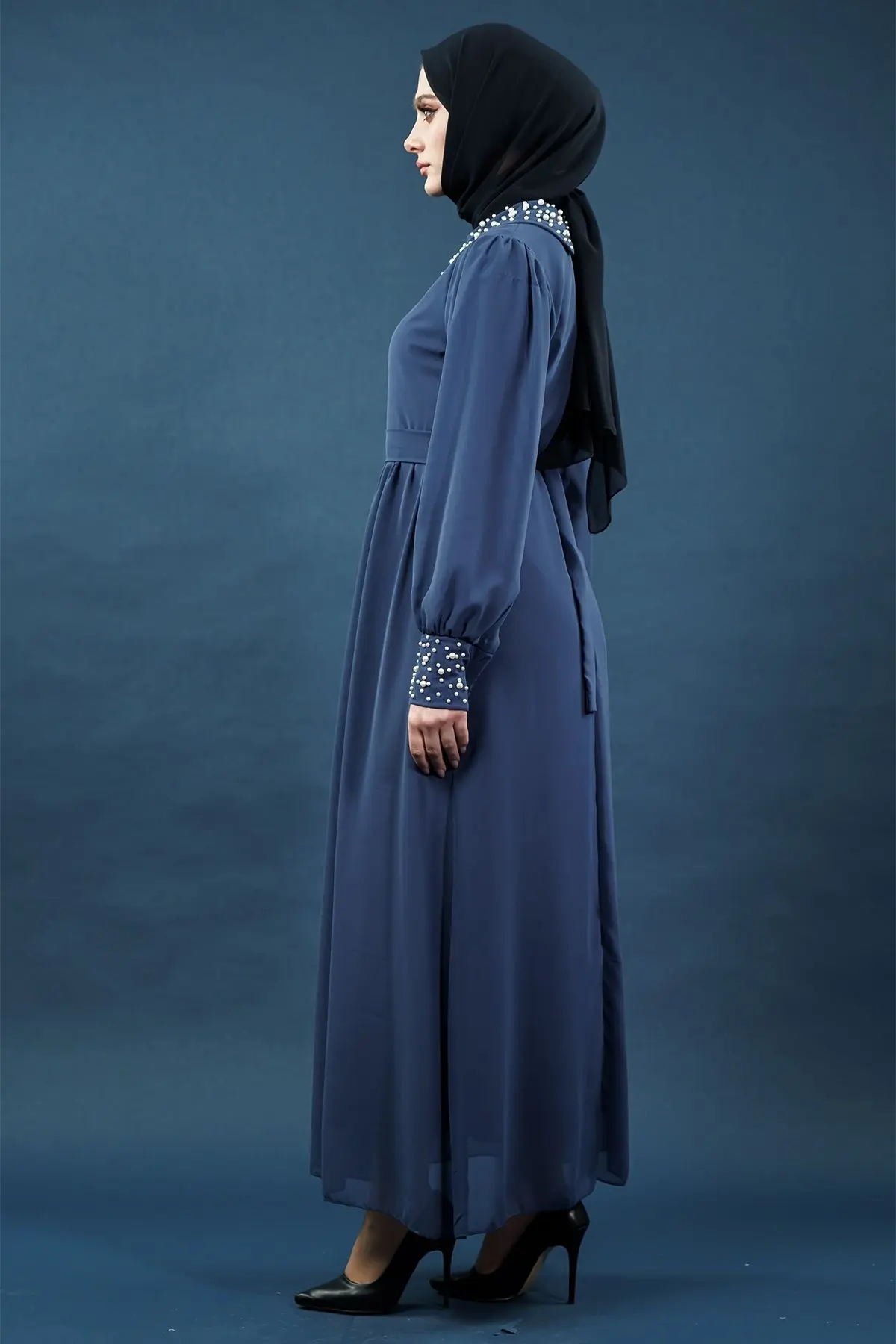 Inci Detaylı Indigo Tesettür Elbise-detail