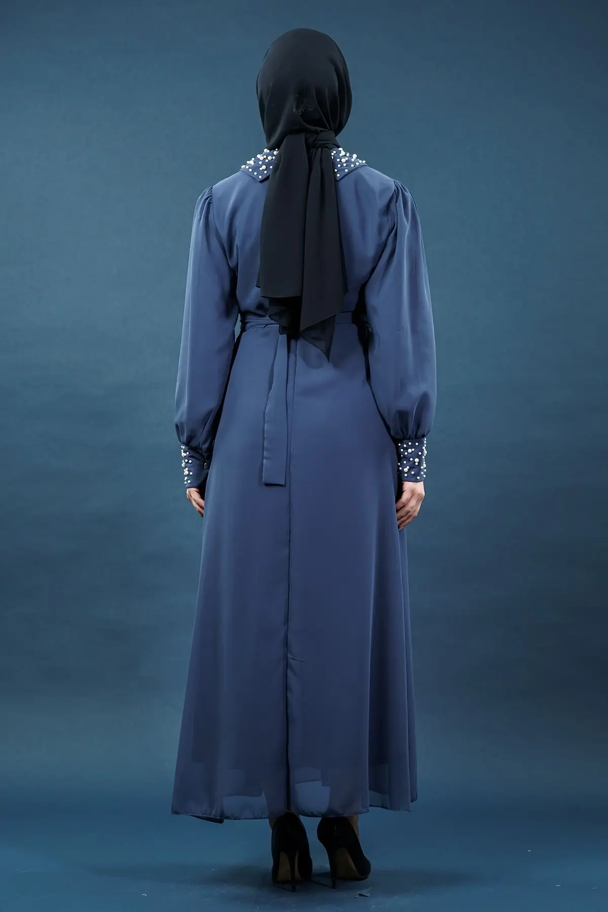 Inci Detaylı Indigo Tesettür Elbise-detail