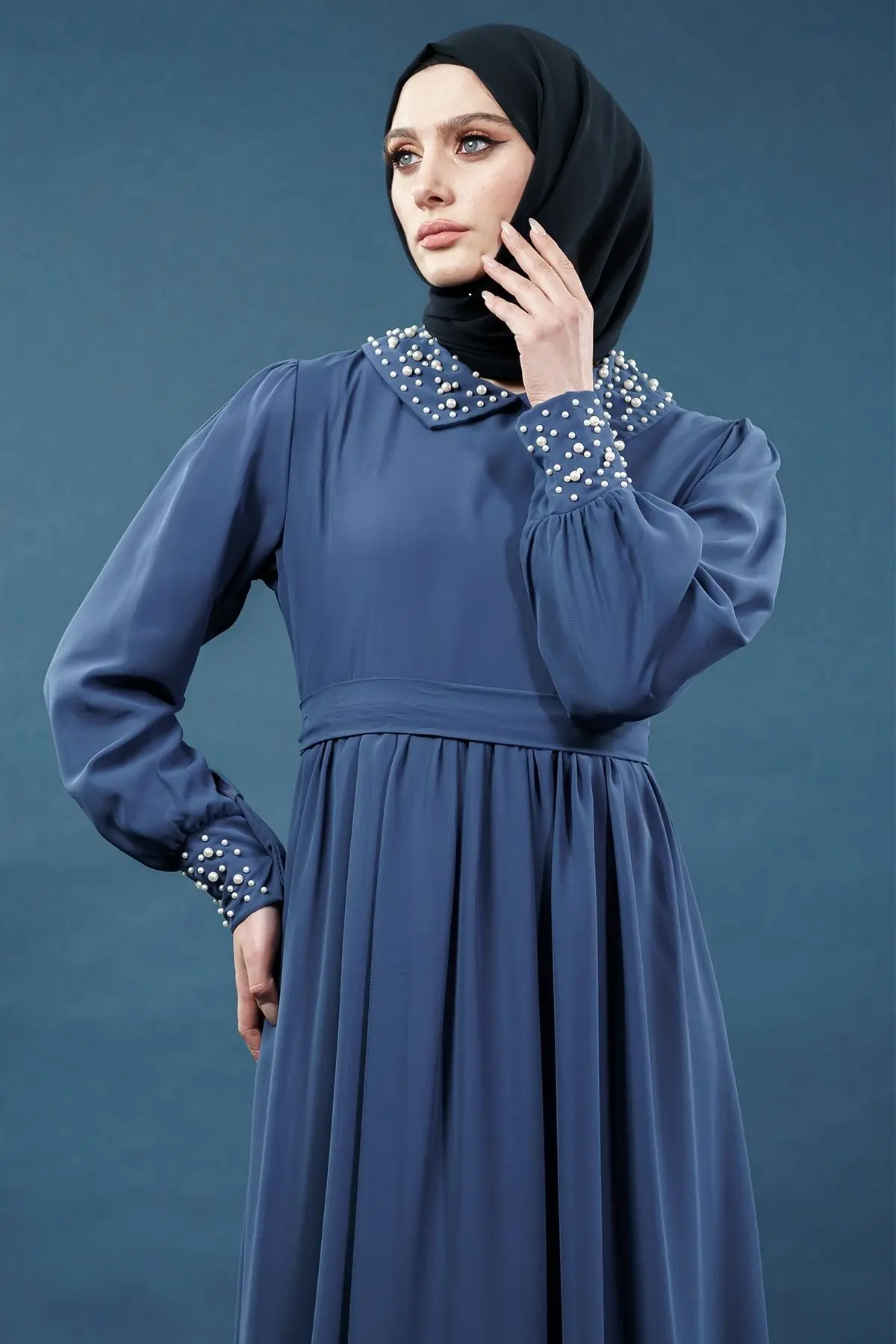 Inci Detaylı Indigo Tesettür Elbise-detail