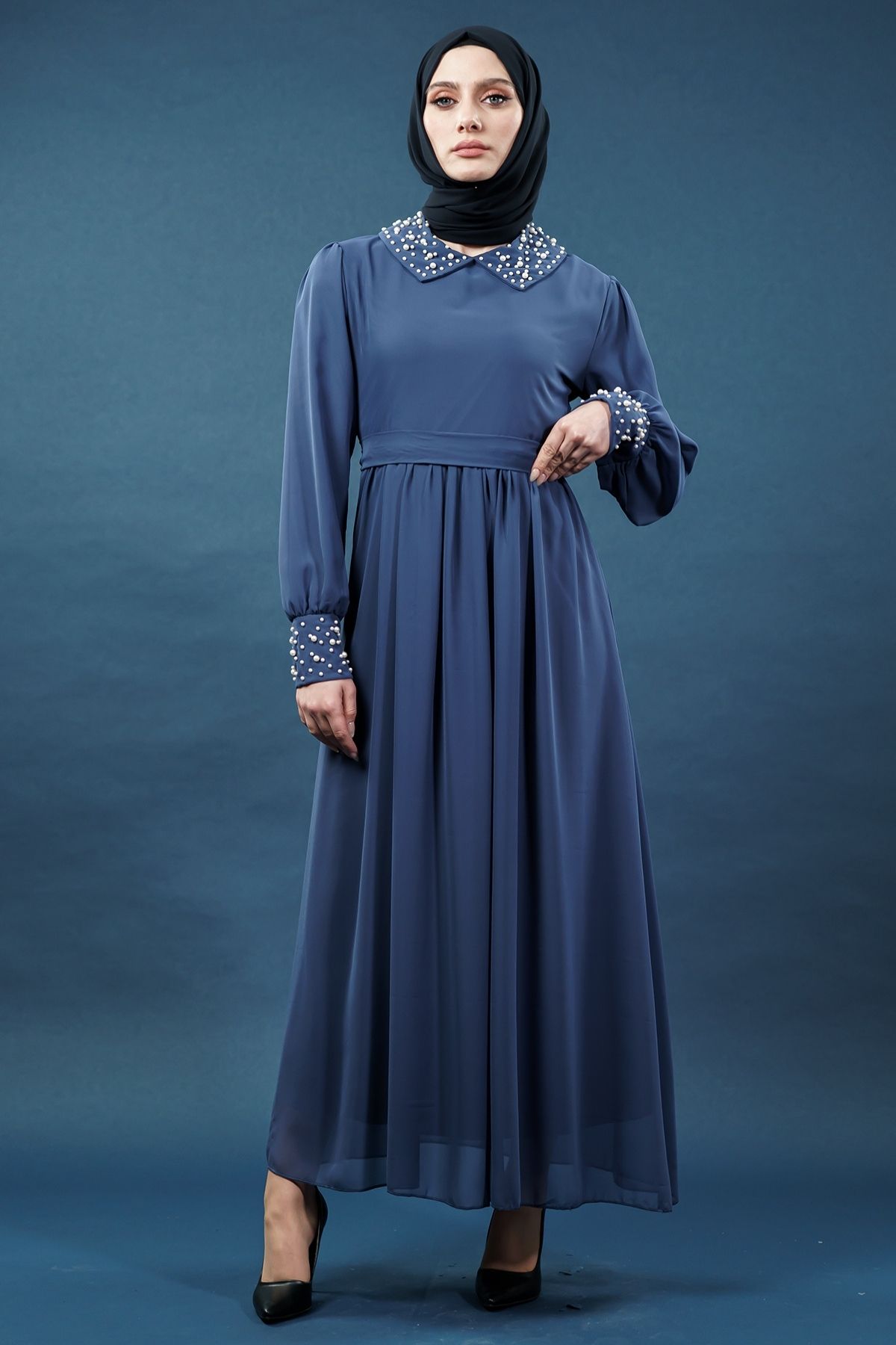 Inci Detaylı Indigo Tesettür Elbise