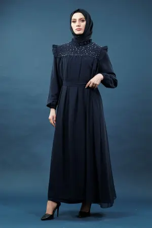 Inci Detaylı Lacivert Tesettür Elbise