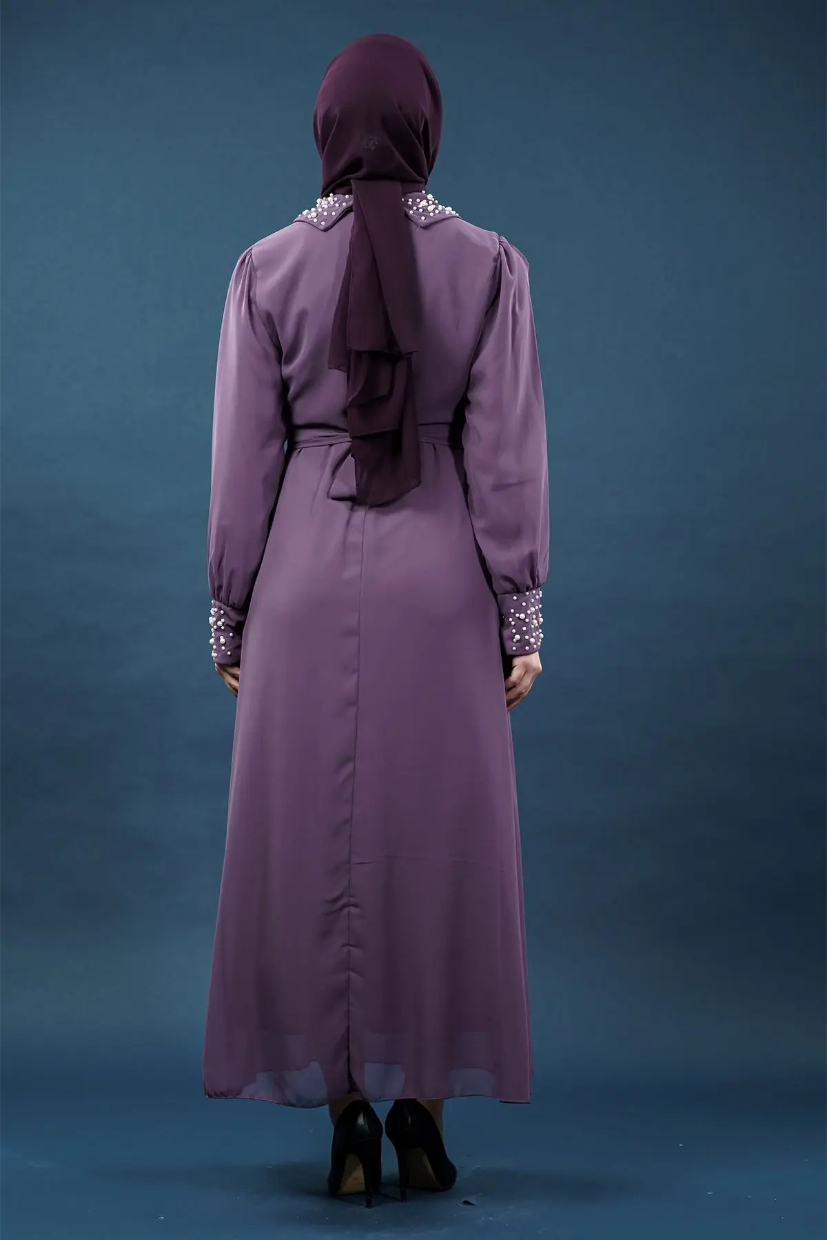 Inci Detaylı Lila Tesettür Elbise-detail