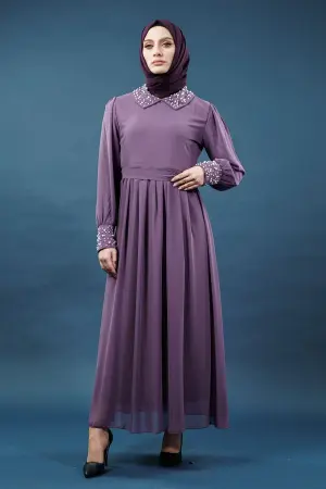 Inci Detaylı Lila Tesettür Elbise