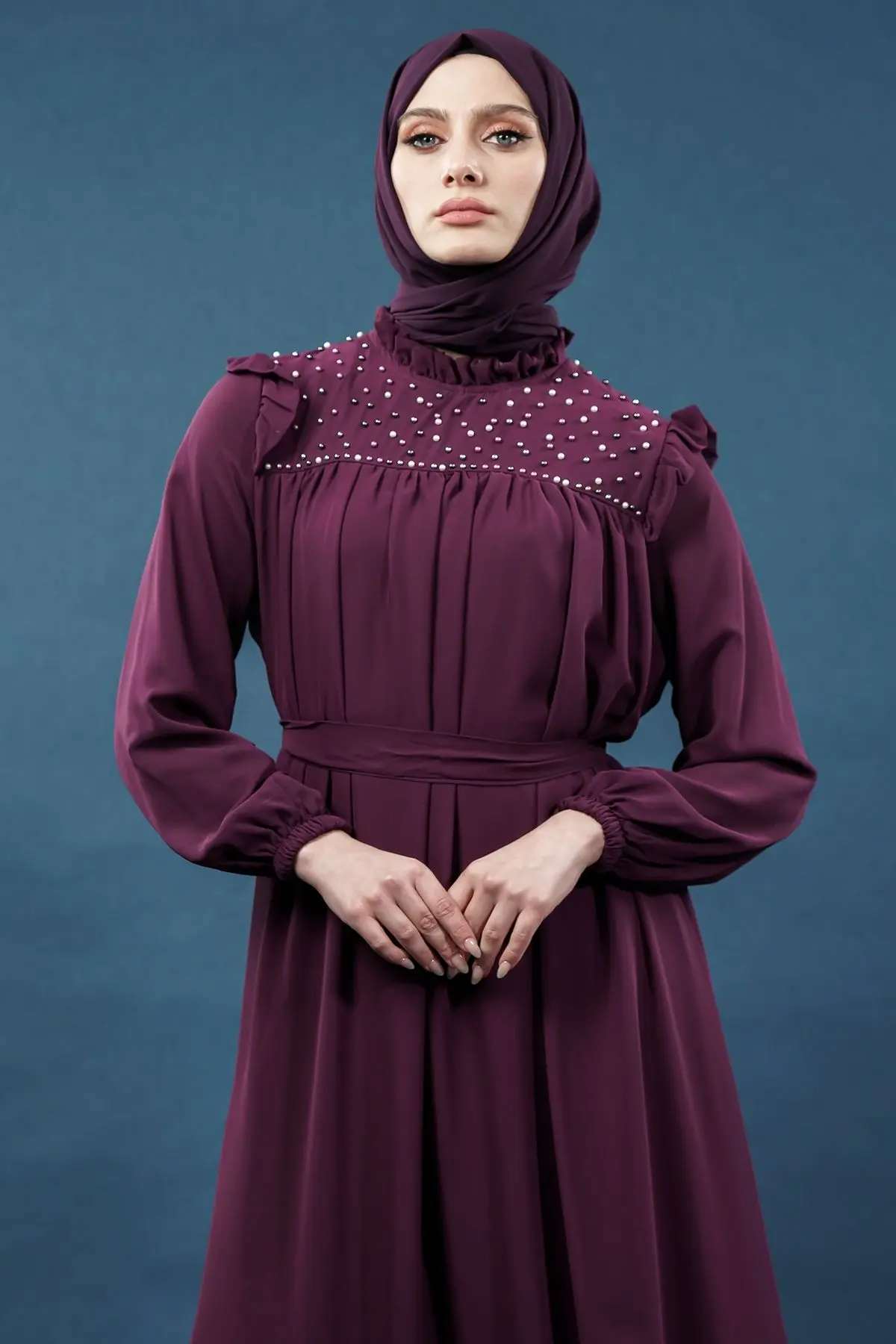 Inci Detaylı Mor Tesettür Elbise-detail