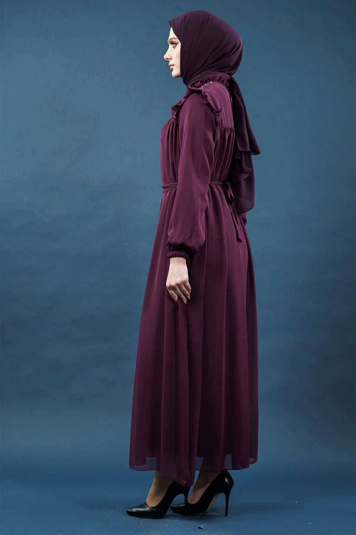 Inci Detaylı Mor Tesettür Elbise-detail