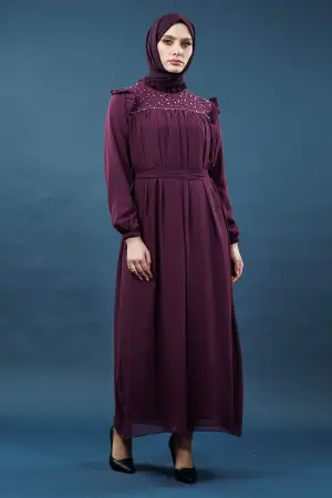 Inci Detaylı Mor Tesettür Elbise