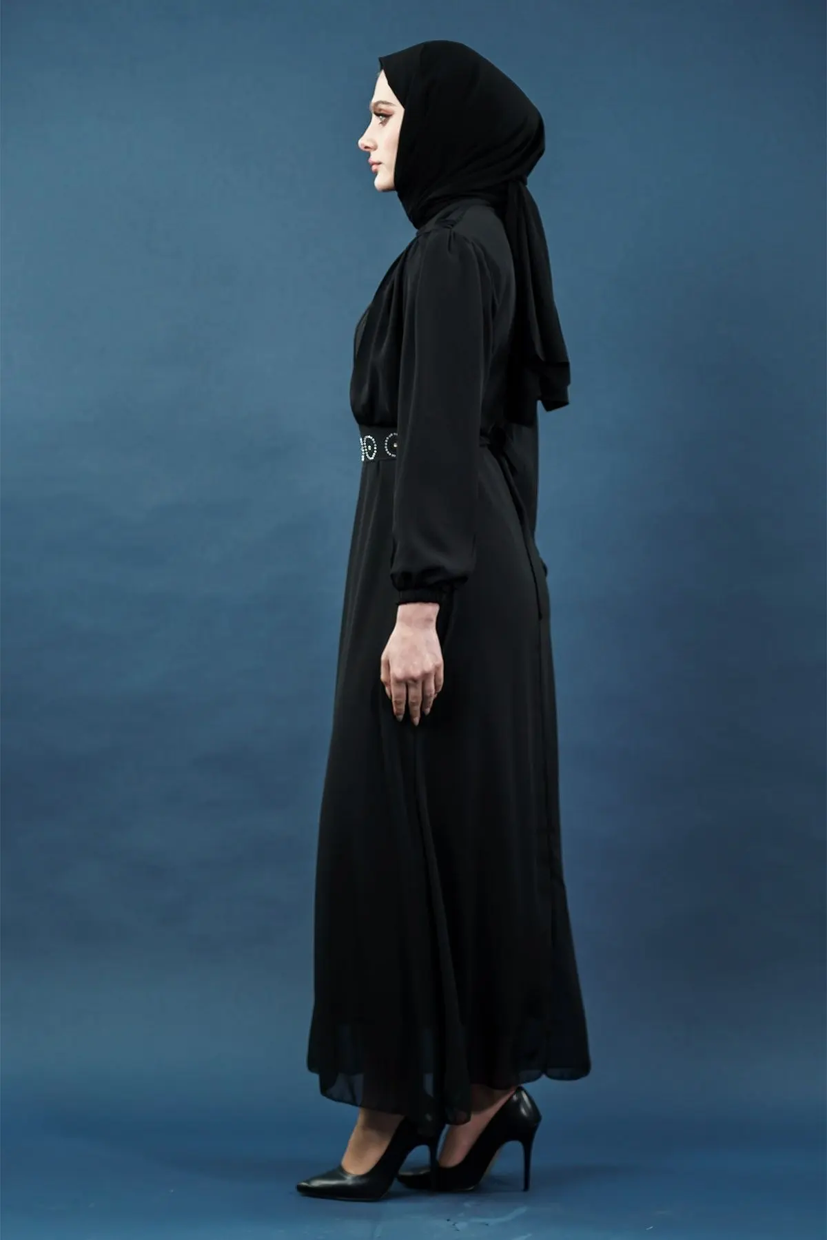 Inci Detaylı Siyah Tesettür Elbise-detail