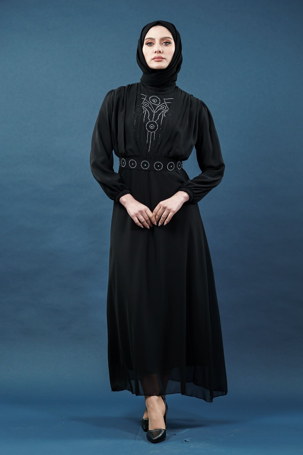 Inci Detaylı Siyah Tesettür Elbise