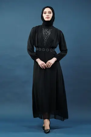 Inci Detaylı Siyah Tesettür Elbise