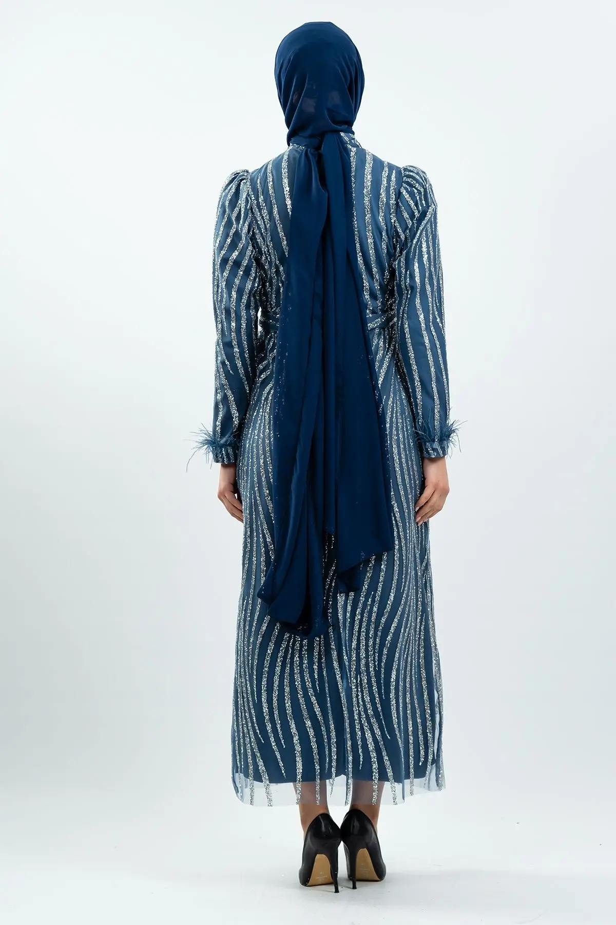 Indıgo Color Silvery Evening Dress-detail