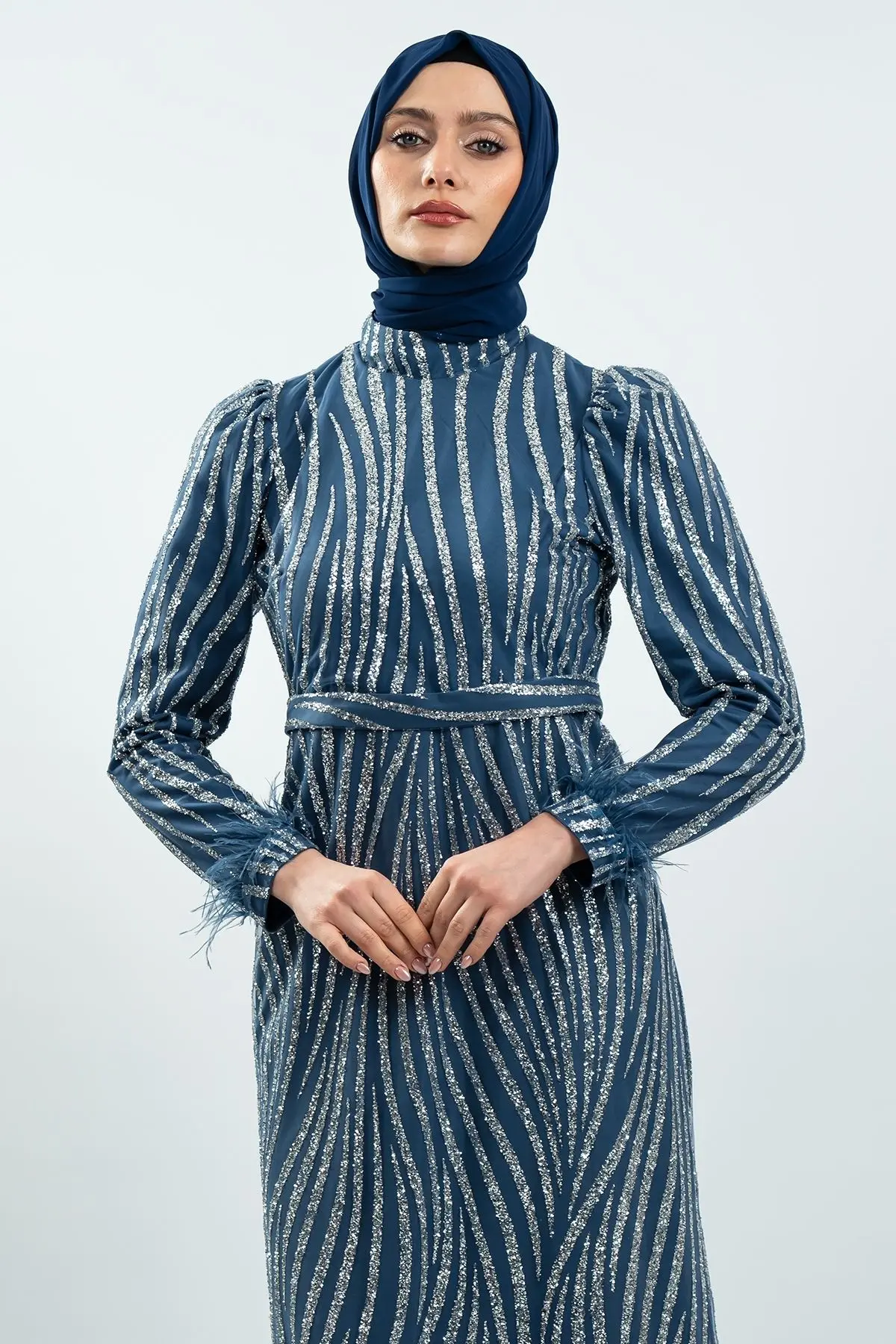 Indıgo Color Silvery Evening Dress-detail