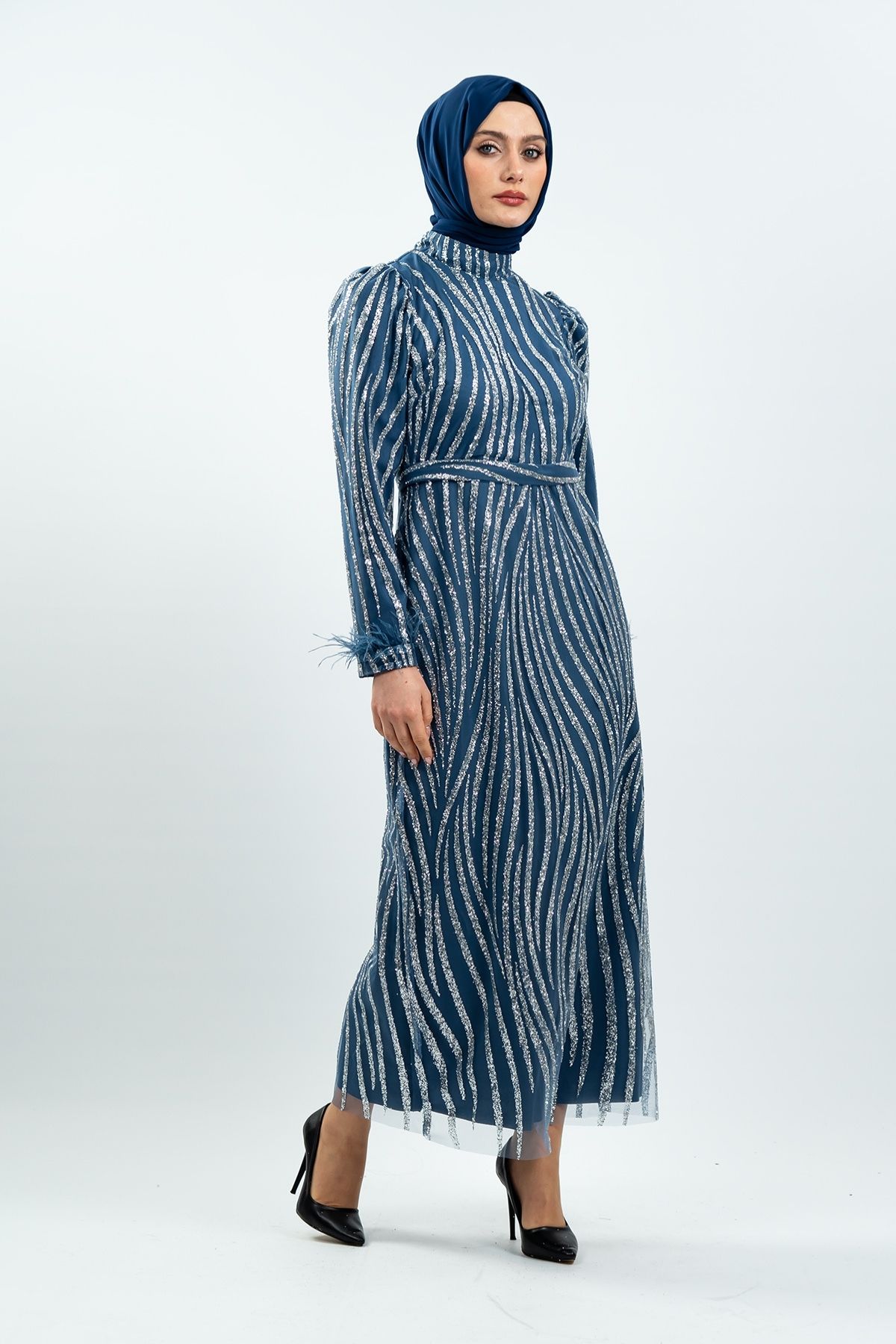 Indıgo Color Silvery Evening Dress