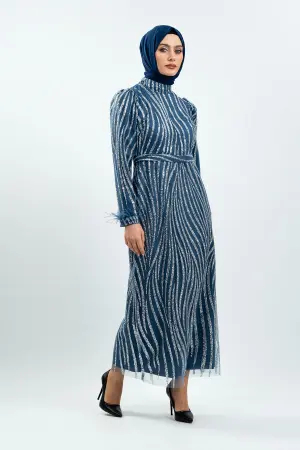 Indigo Simli Tüy Detaylı Abiye Elbise