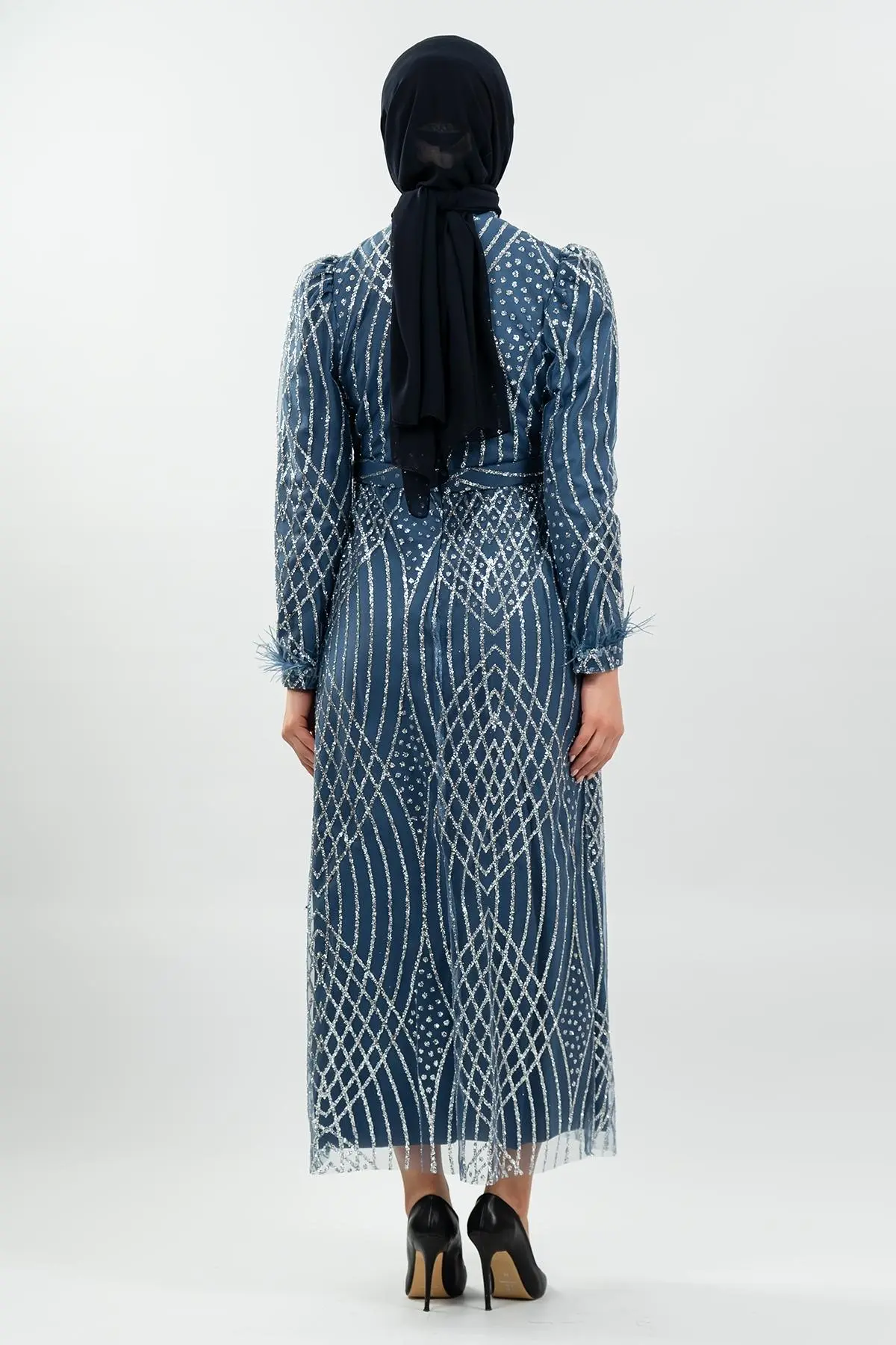 Indigo Simli Tüy Detaylı Abiye Elbise-detail