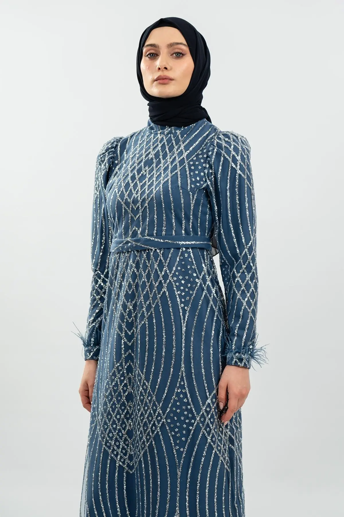 Indigo Simli Tüy Detaylı Abiye Elbise-detail