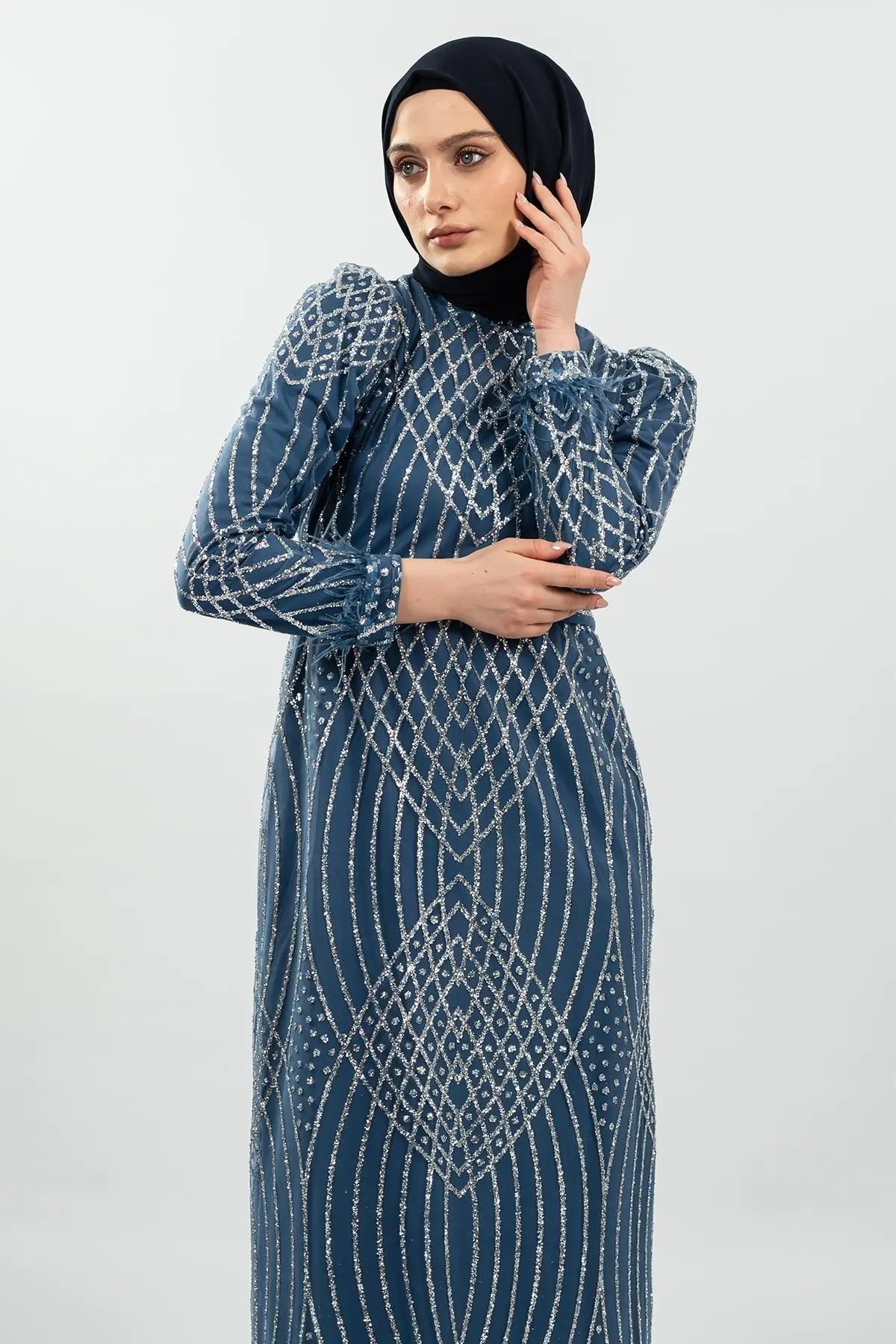 Indigo Simli Tüy Detaylı Abiye Elbise-detail