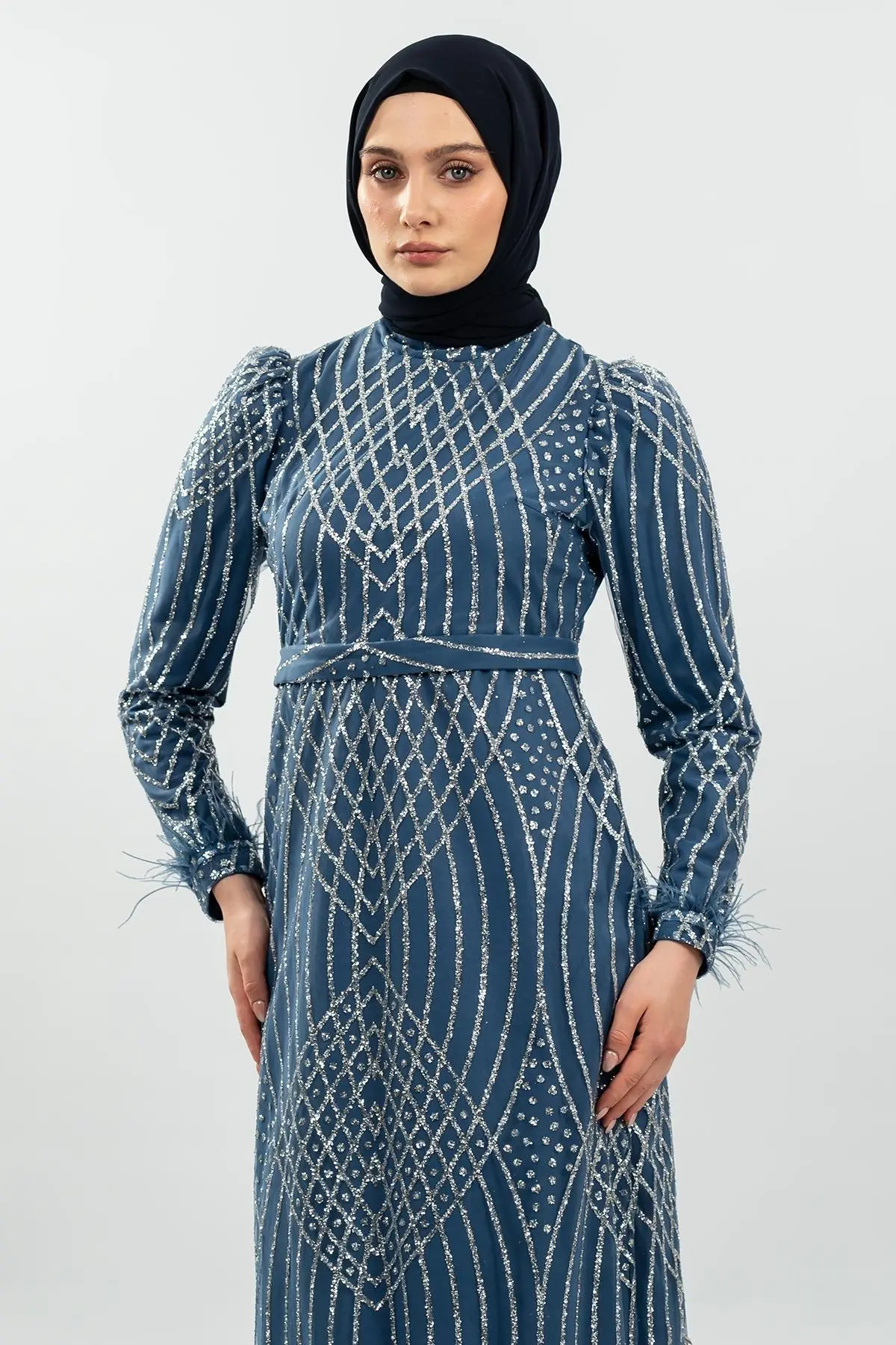 Indigo Simli Tüy Detaylı Abiye Elbise-detail