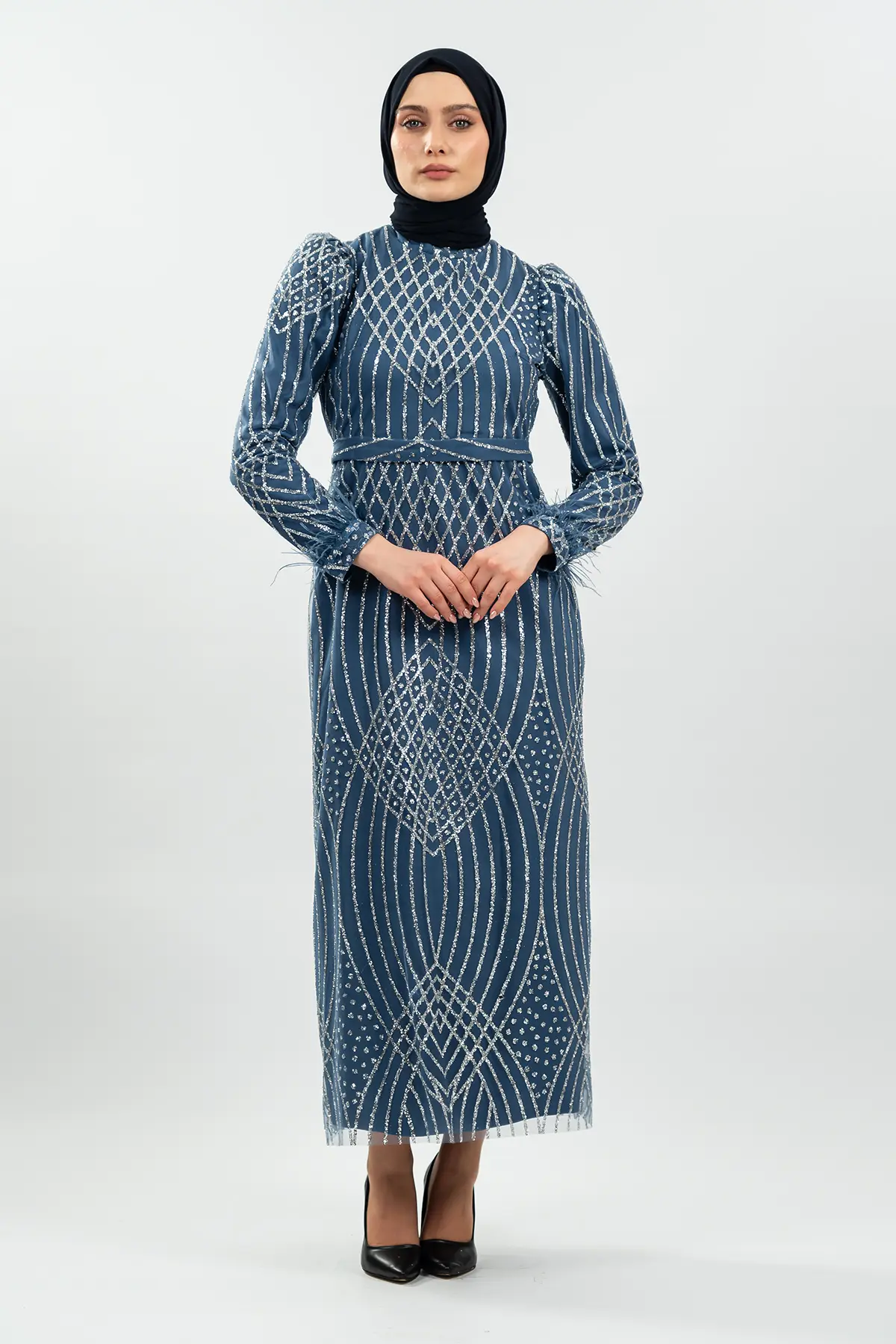 Indigo Simli Tüy Detaylı Abiye Elbise-detail