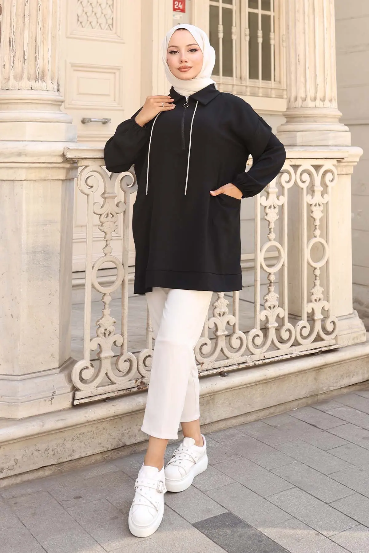 Ip Detaylı Yarım Fermuarlı Tesettür Tunik-detail