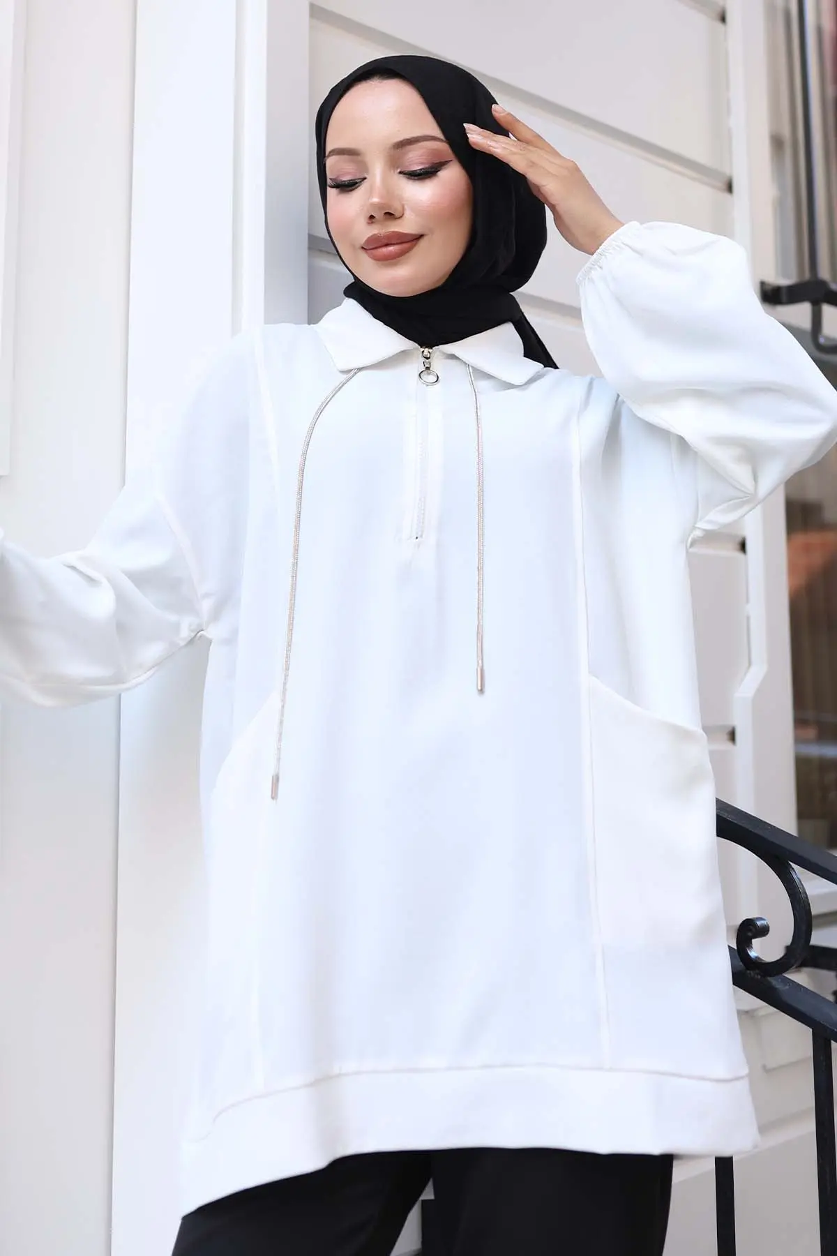 Rope Detailed Half Zippered Hijab Tunic
