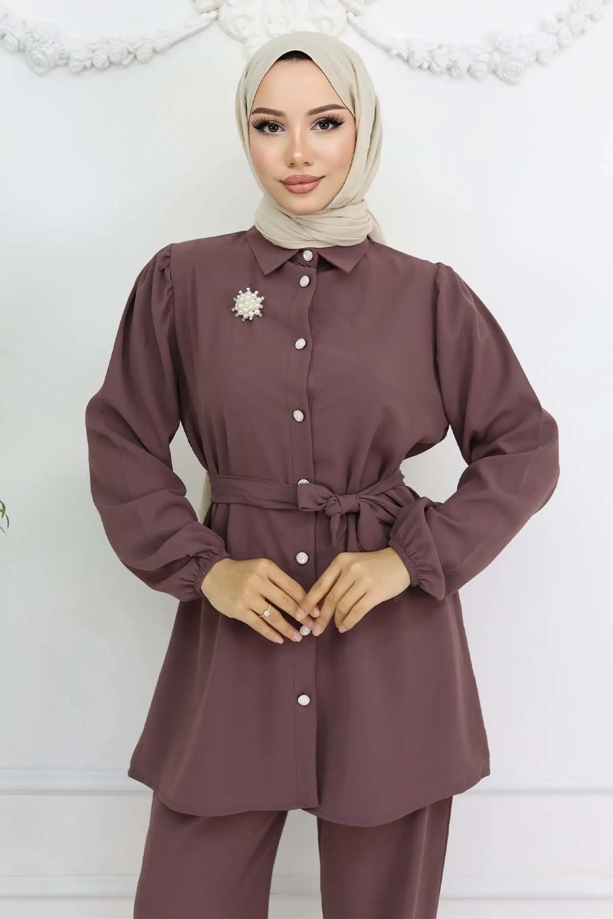 İnci Broşlu Kuşaklı İkili Takım Gül Kurusu 4768-detail