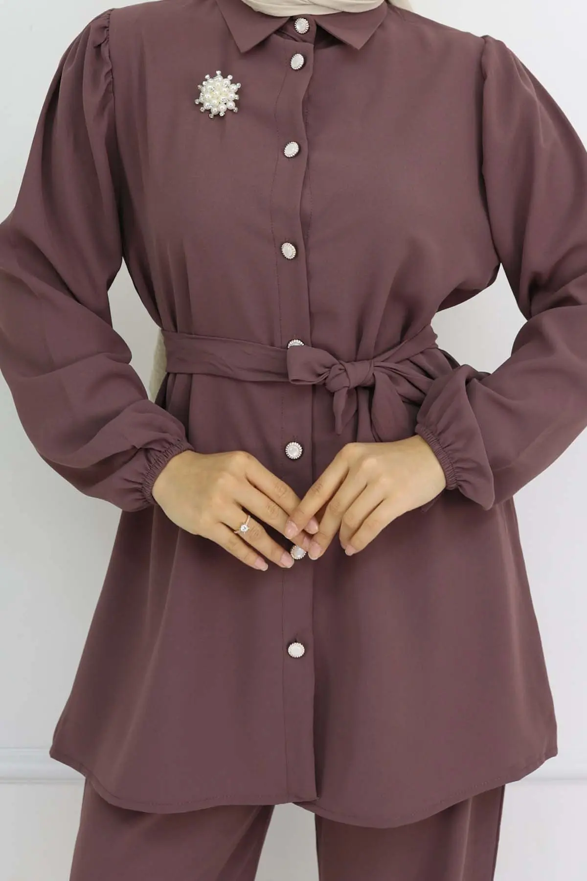 İnci Broşlu Kuşaklı İkili Takım Gül Kurusu 4768-detail