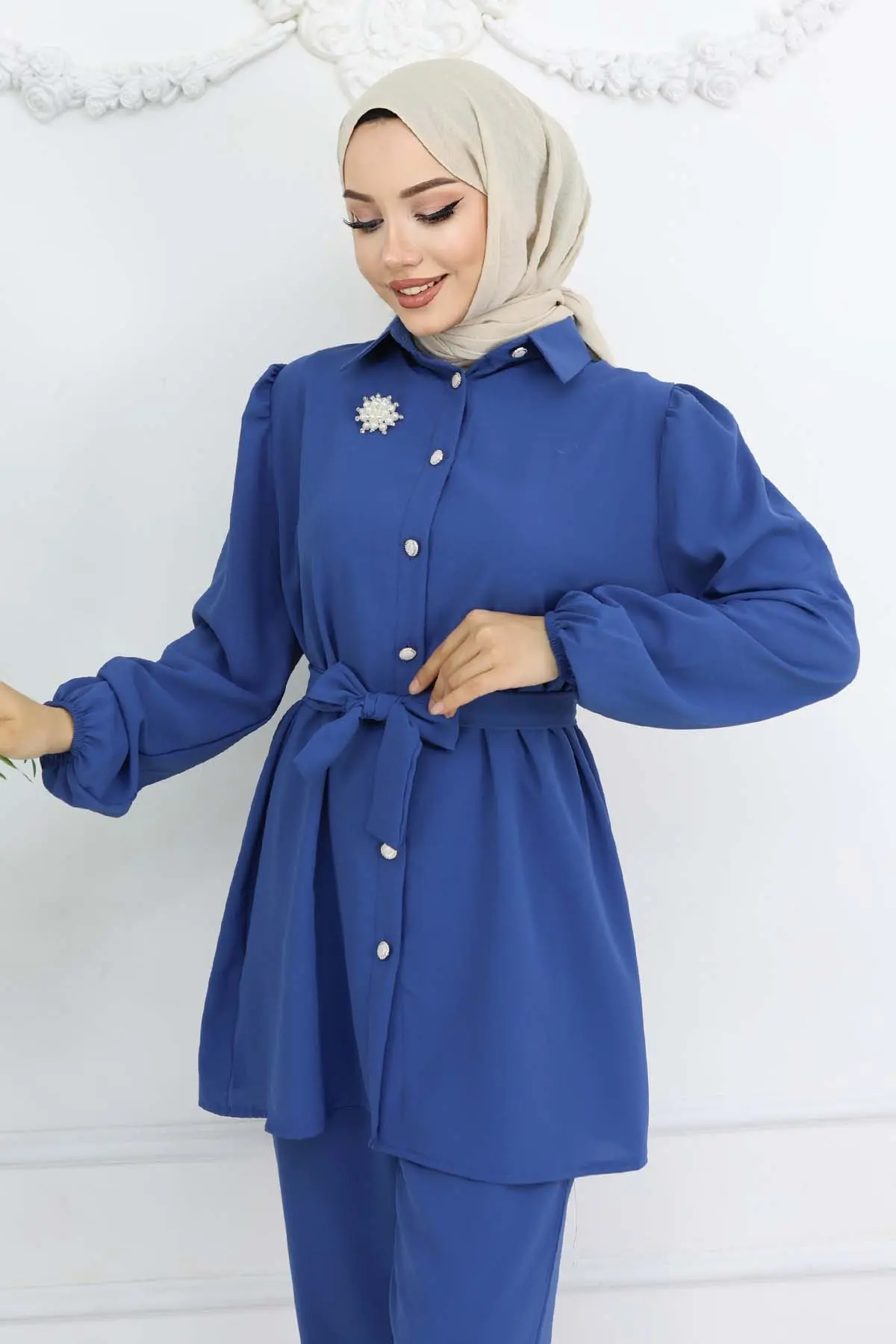 İnci Broşlu Kuşaklı İkili Takım İndigo 4768-detail