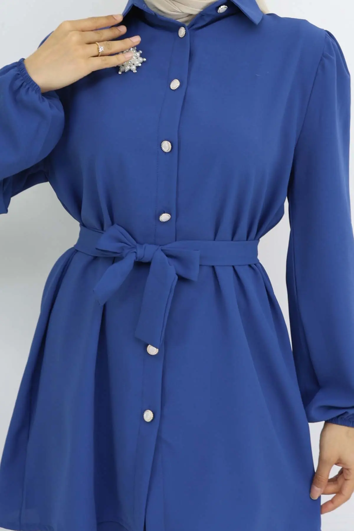 İnci Broşlu Kuşaklı İkili Takım İndigo 4768-detail