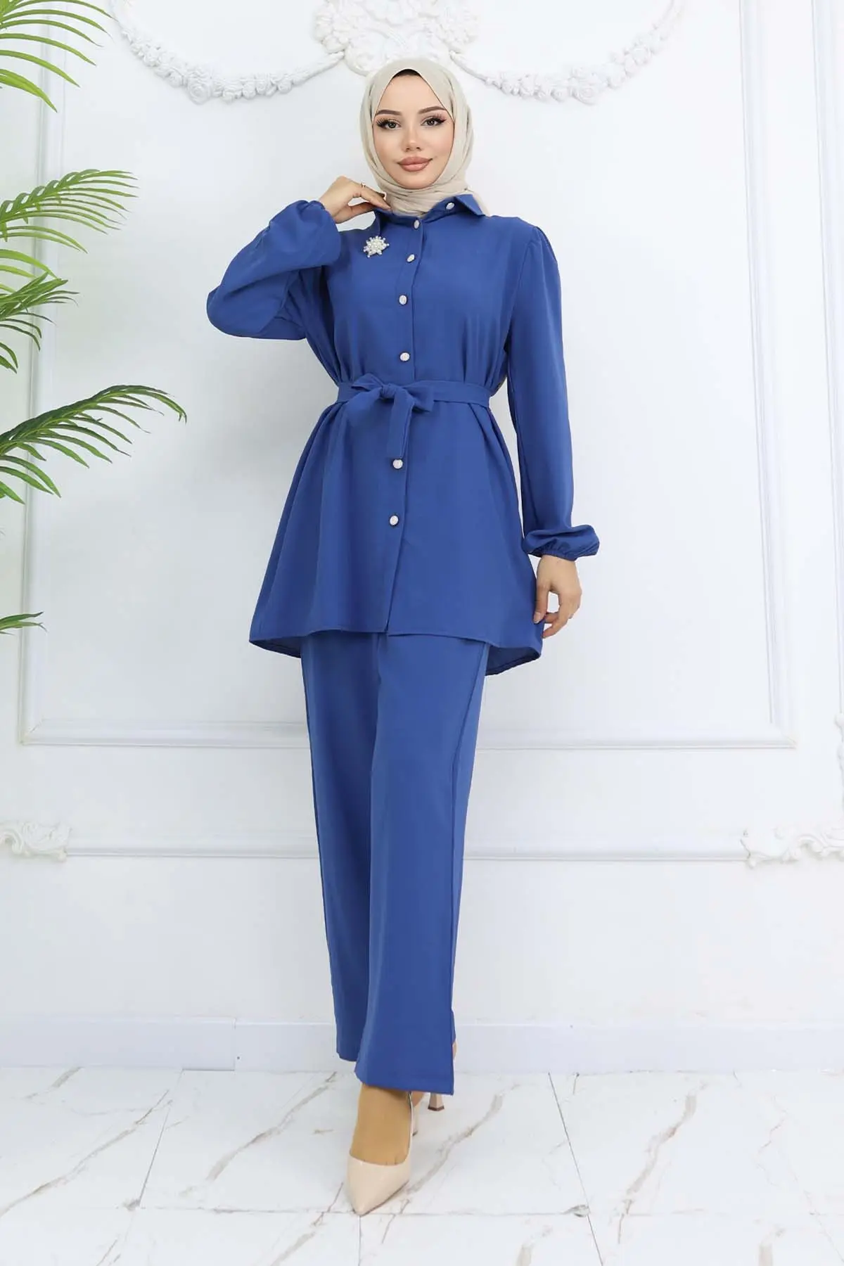 İnci Broşlu Kuşaklı İkili Takım İndigo 4768-detail