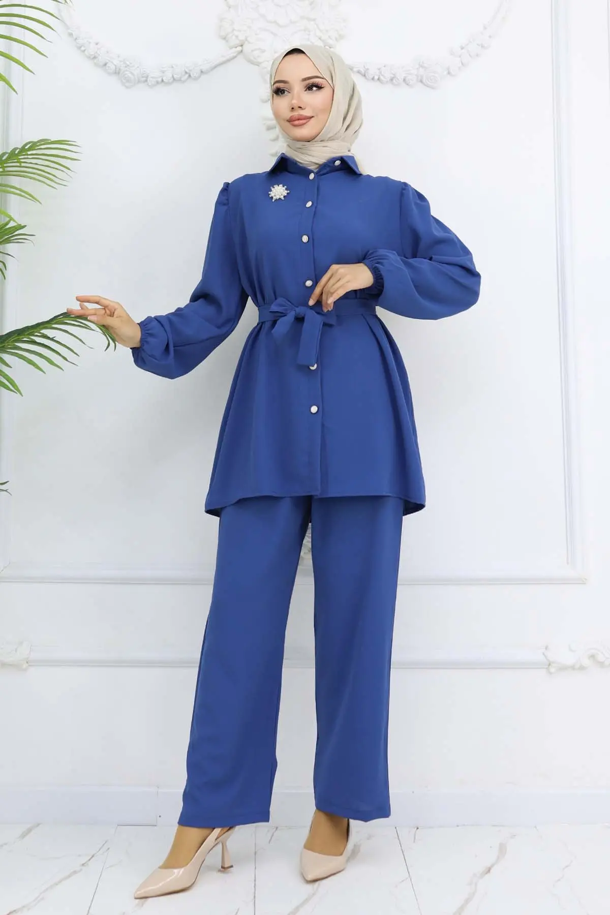 İnci Broşlu Kuşaklı İkili Takım İndigo 4768-detail