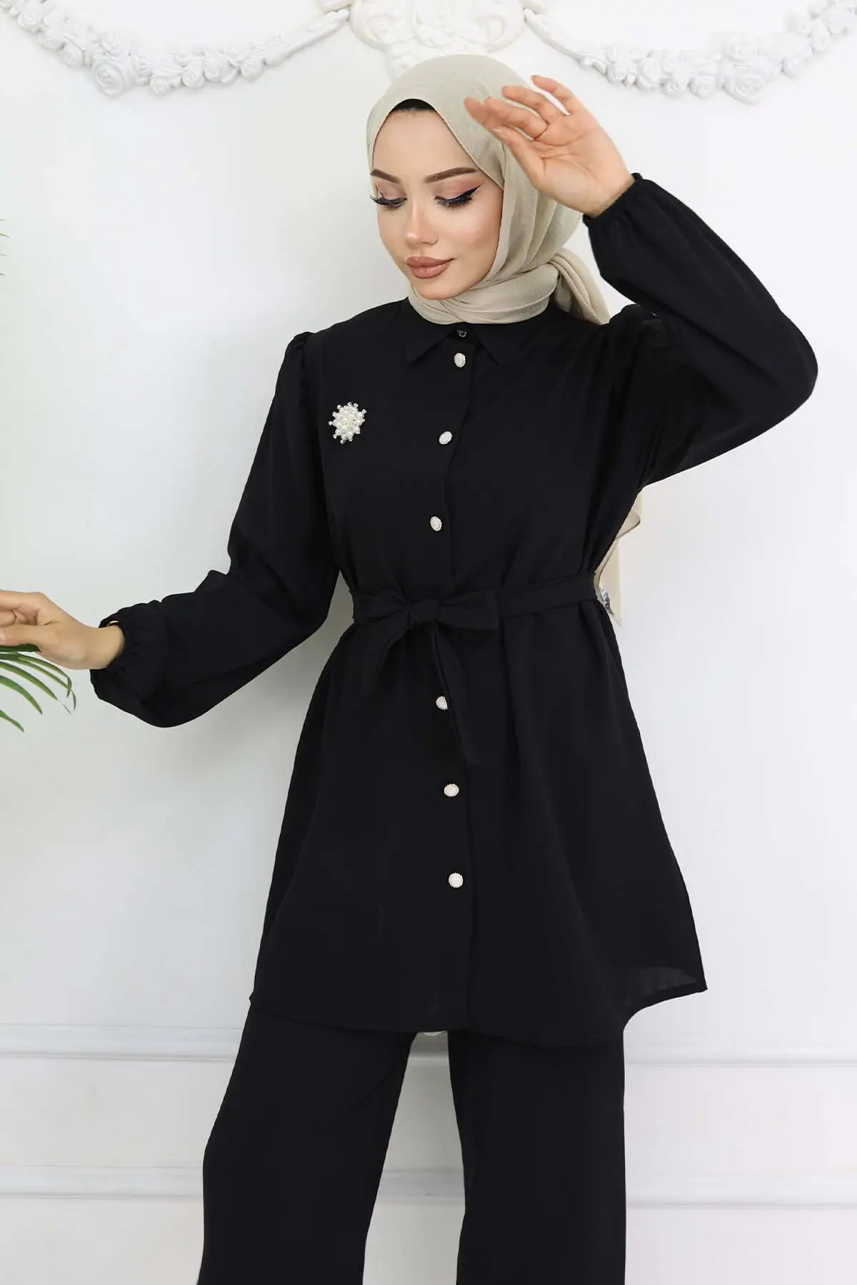 İnci Broşlu Kuşaklı İkili Takım Siyah 4768-detail