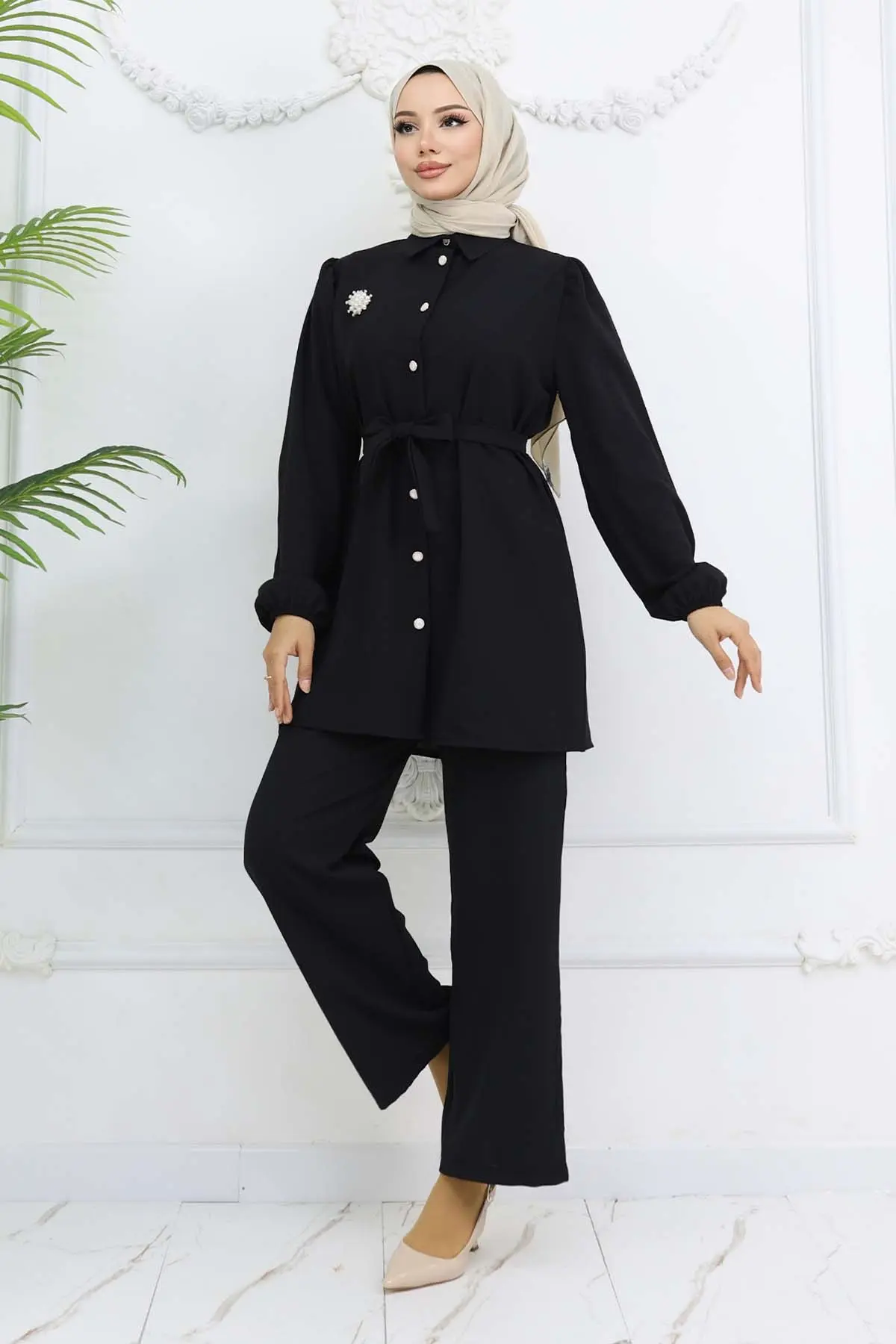 İnci Broşlu Kuşaklı İkili Takım Siyah 4768-detail