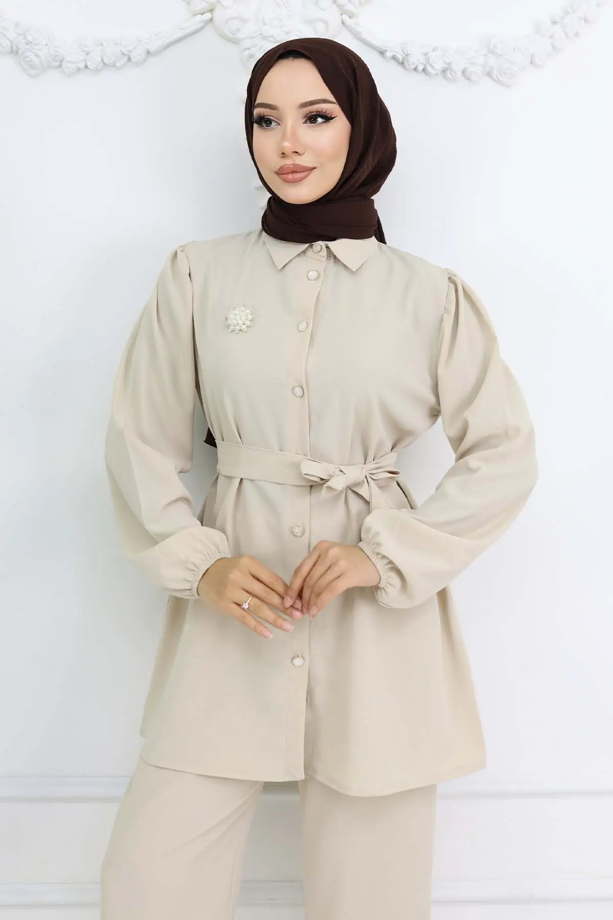 İnci Broşlu Kuşaklı İkili Takım Taş Rengi 4768-detail