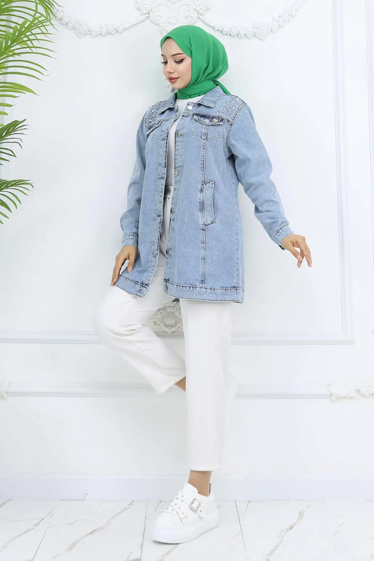 İnci Detaylı Kot Ceket Mavi 7807-detail