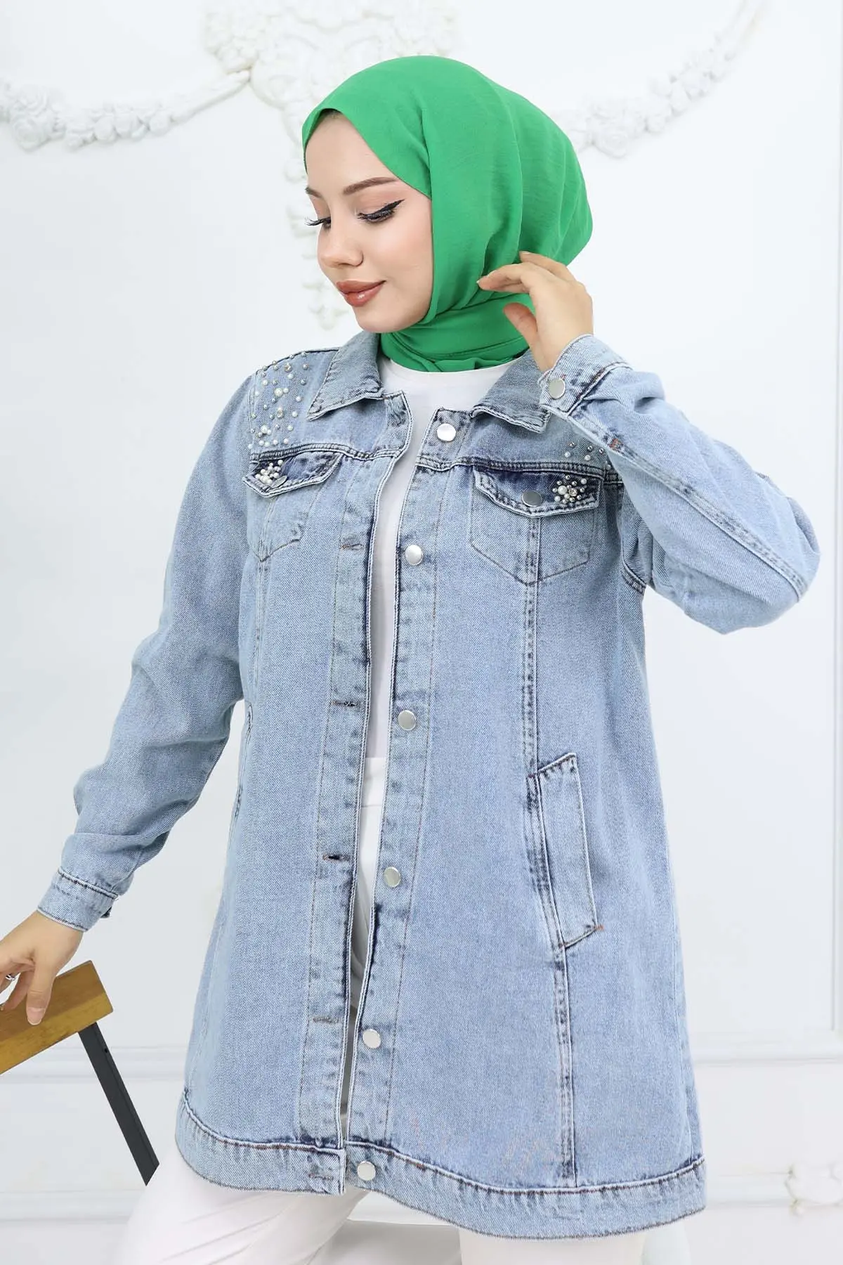 İnci Detaylı Kot Ceket Mavi 7807-detail